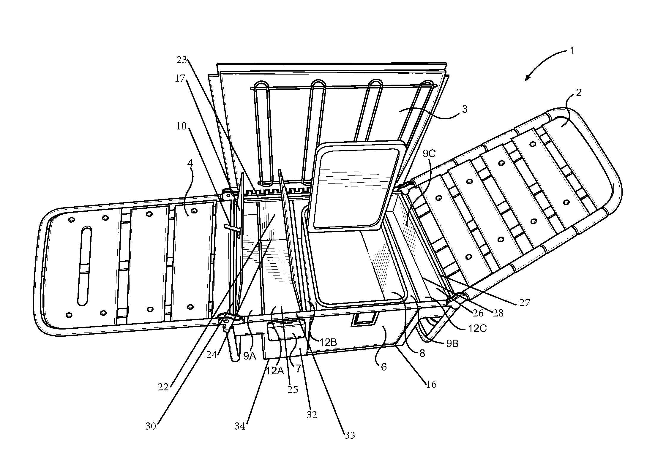 Foldable and portable lounge chair having an integrated lockable storage compartment