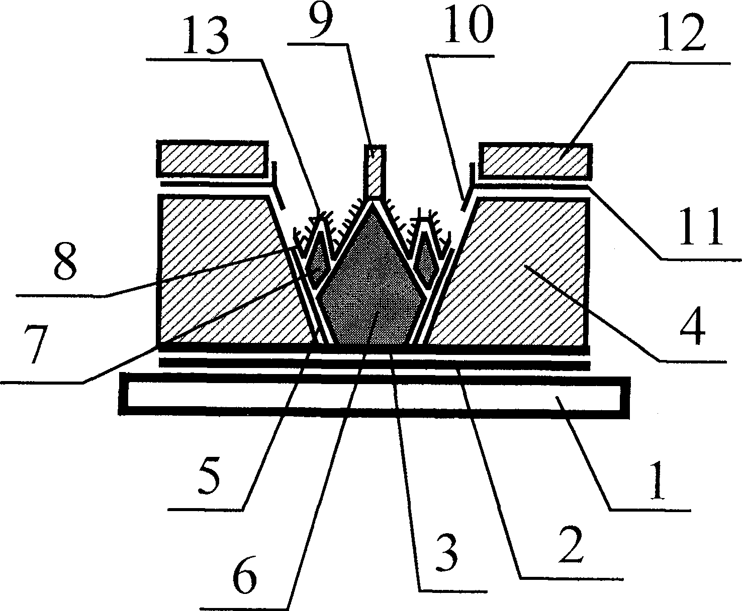 Flat-panel display device with gate-modulated multi-tilt cathode structure and its preparing process