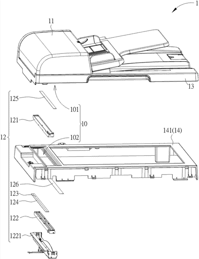 Dual-face scanning device having luminance correcting assemblies and scanning background assemblies, and office machine