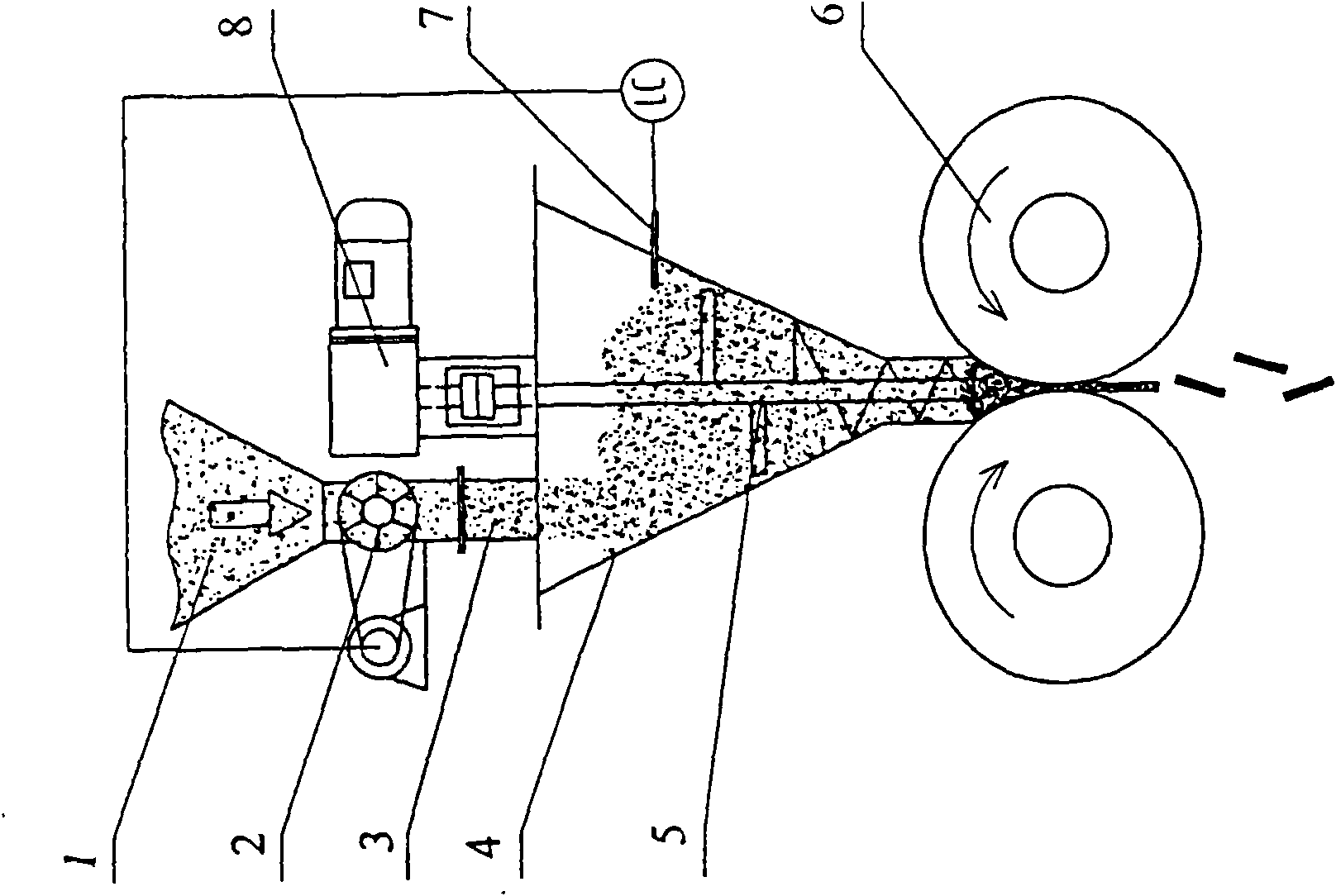 Double-roller type extruding and granulation device and granulation process flow thereof