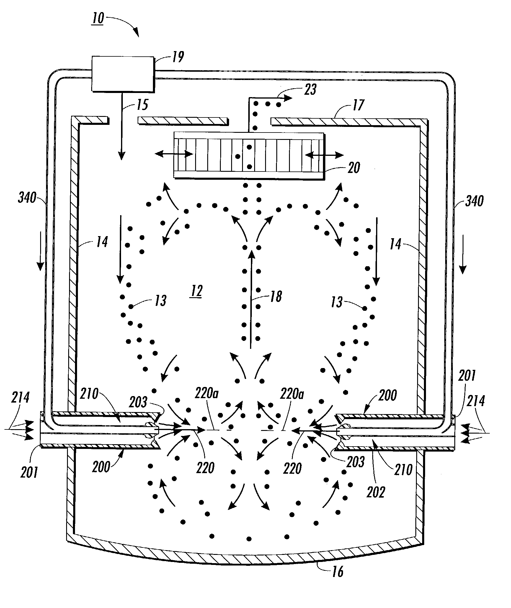 Particle entraining eductor-spike nozzle device for a fluidized bed jet mill