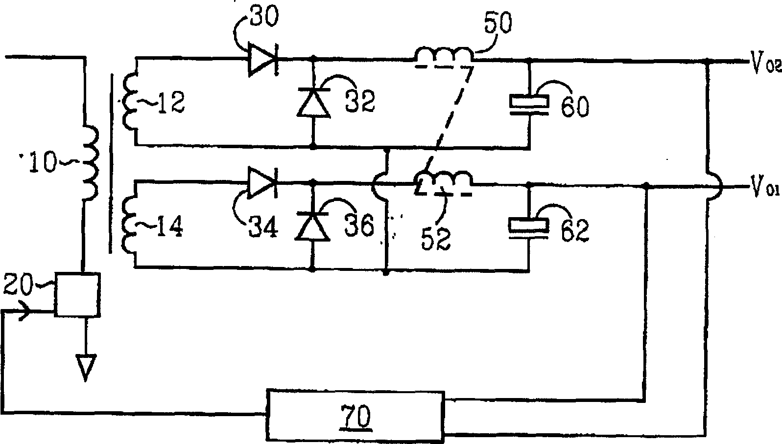 Multiple output converter with improved cross regulation