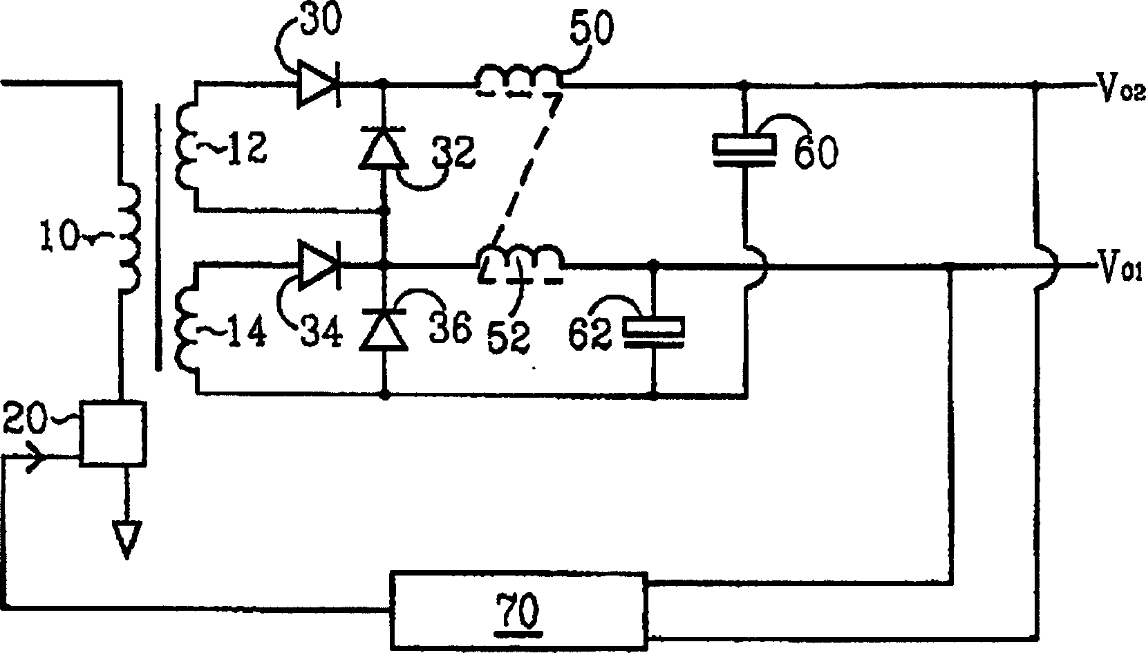 Multiple output converter with improved cross regulation