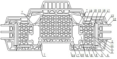 Plastic door and window leaf profiles with triangular chambers and composite materials used