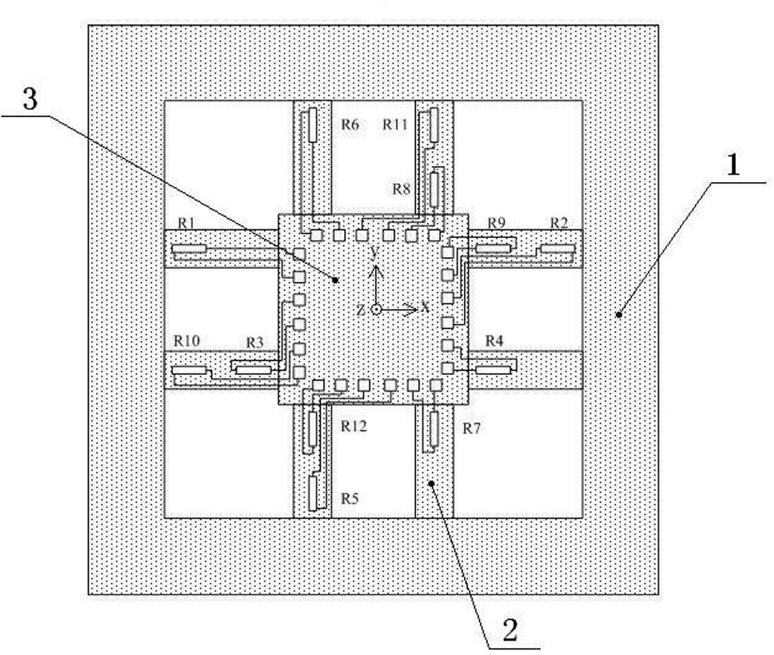 Single-chip integrated eight-beam-arm triaxial accelerometer