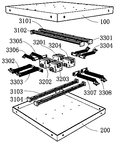 Shock isolation device with orthogonal guide rails, and design method thereof