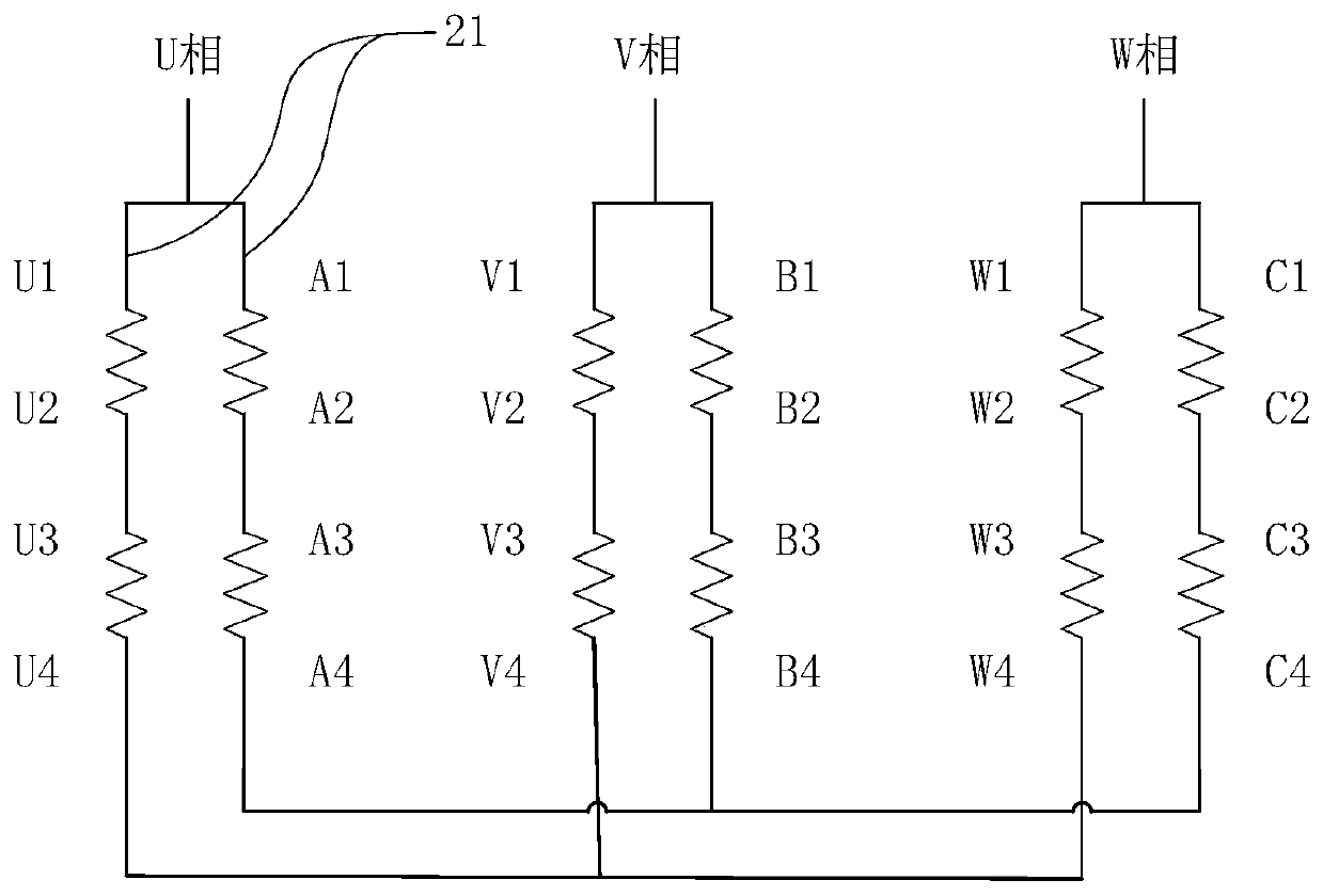 Pin winding type motor stator and motor