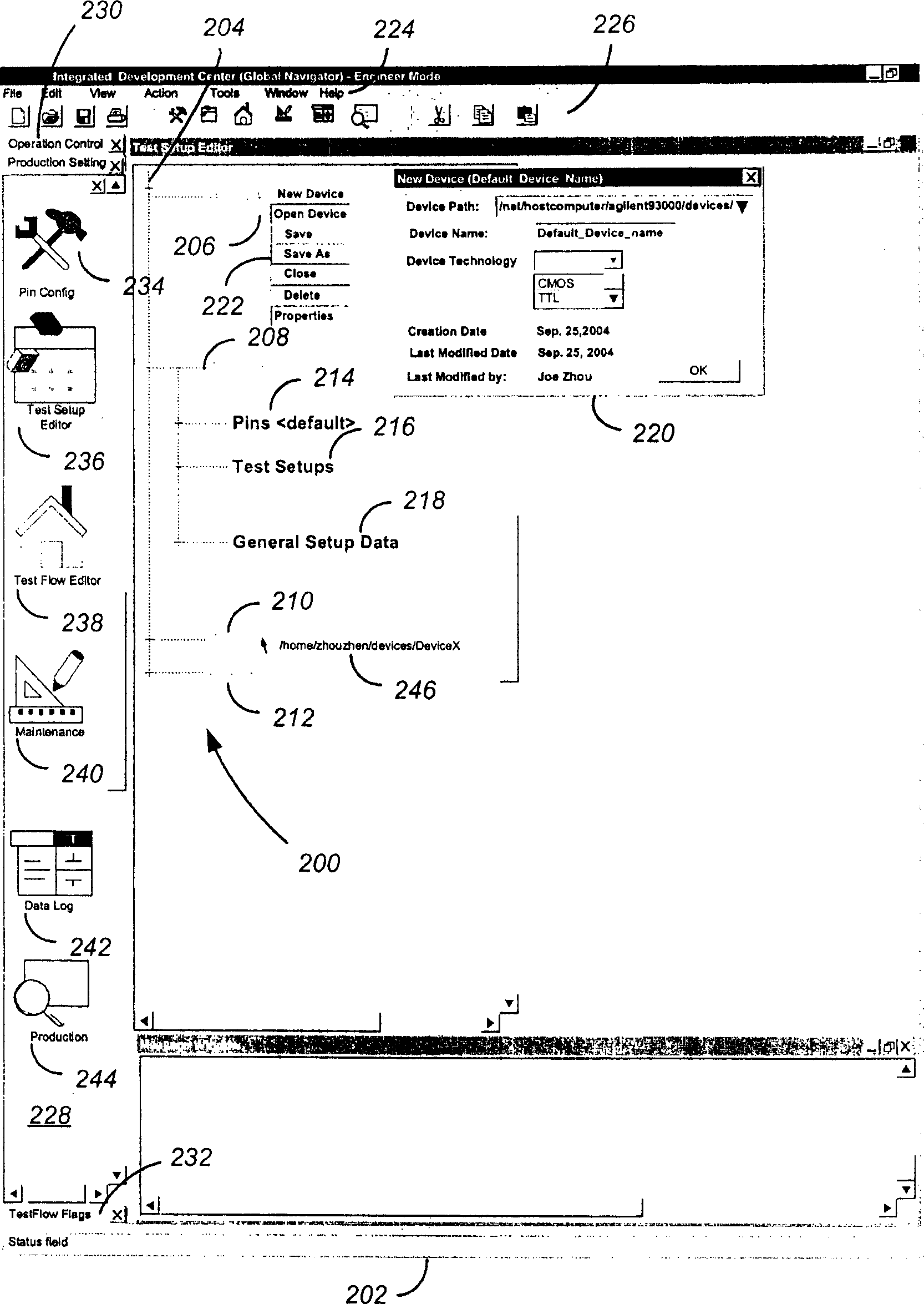 Methods and apparatus using a hierarchical test development tree to specify devices and their test setups