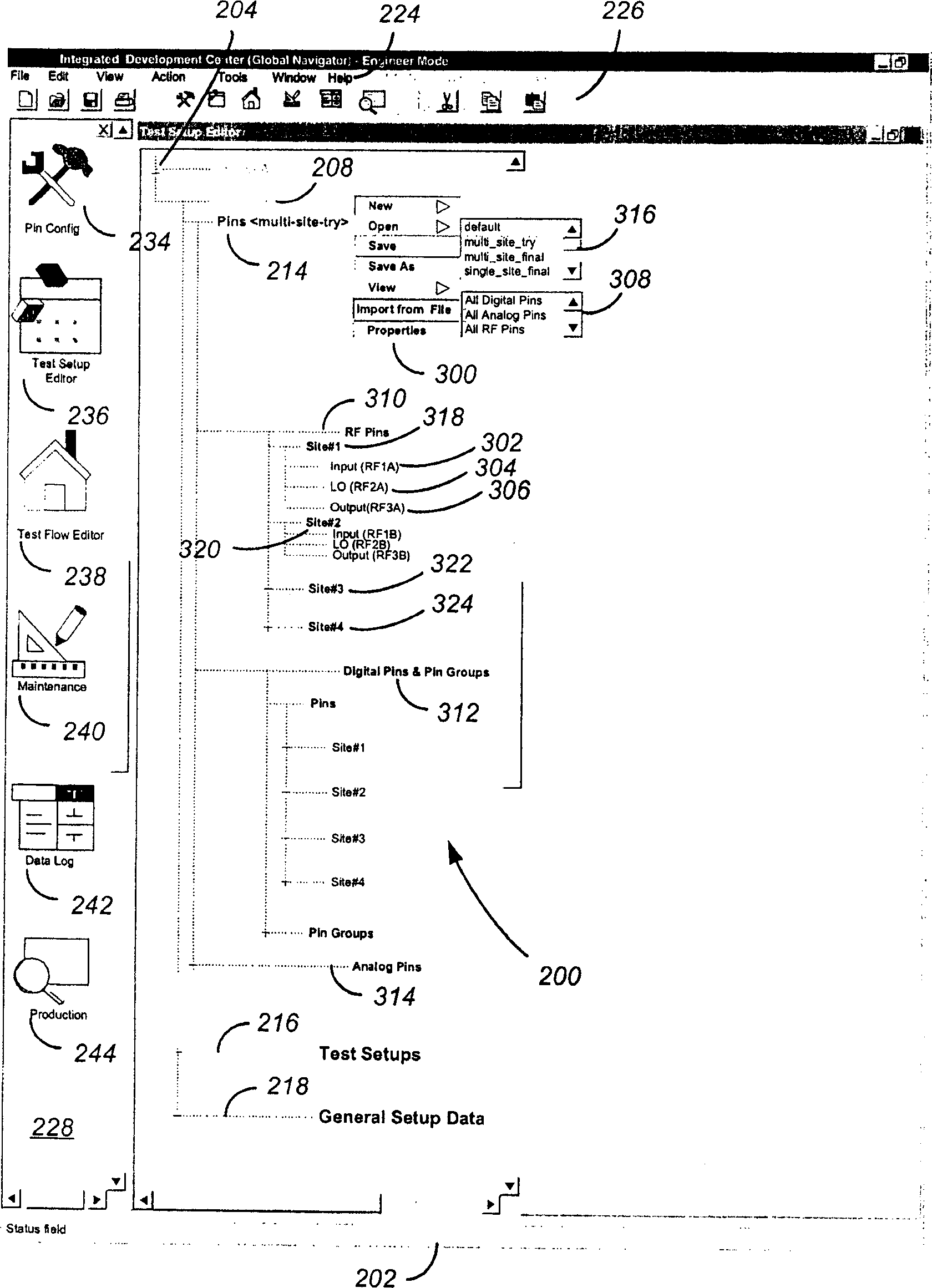 Methods and apparatus using a hierarchical test development tree to specify devices and their test setups