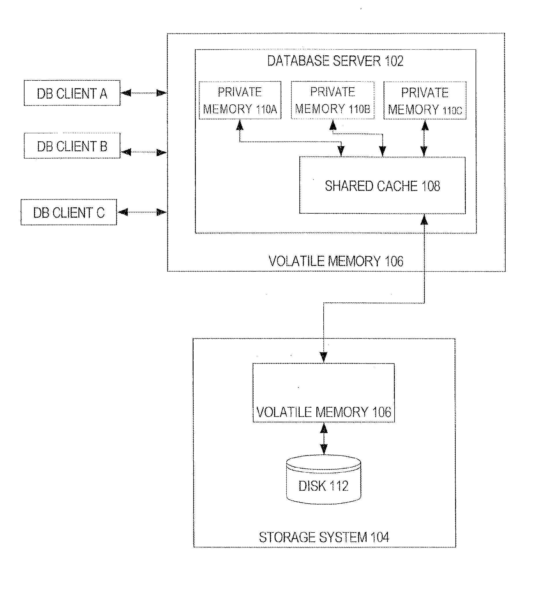 Caching data between a database server and a storage system