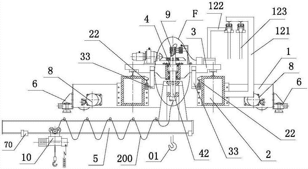 Crane provided with lifting trolley and anti-rollover devices and capable of rotating at any angle