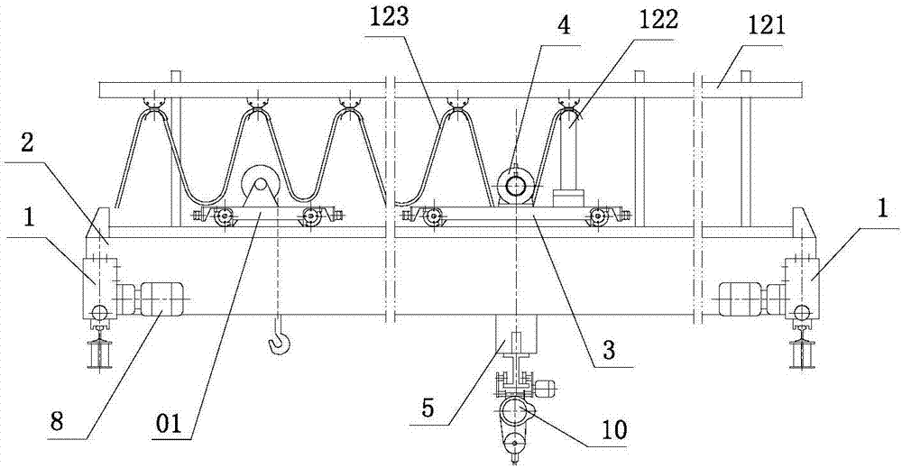 Crane provided with lifting trolley and anti-rollover devices and capable of rotating at any angle