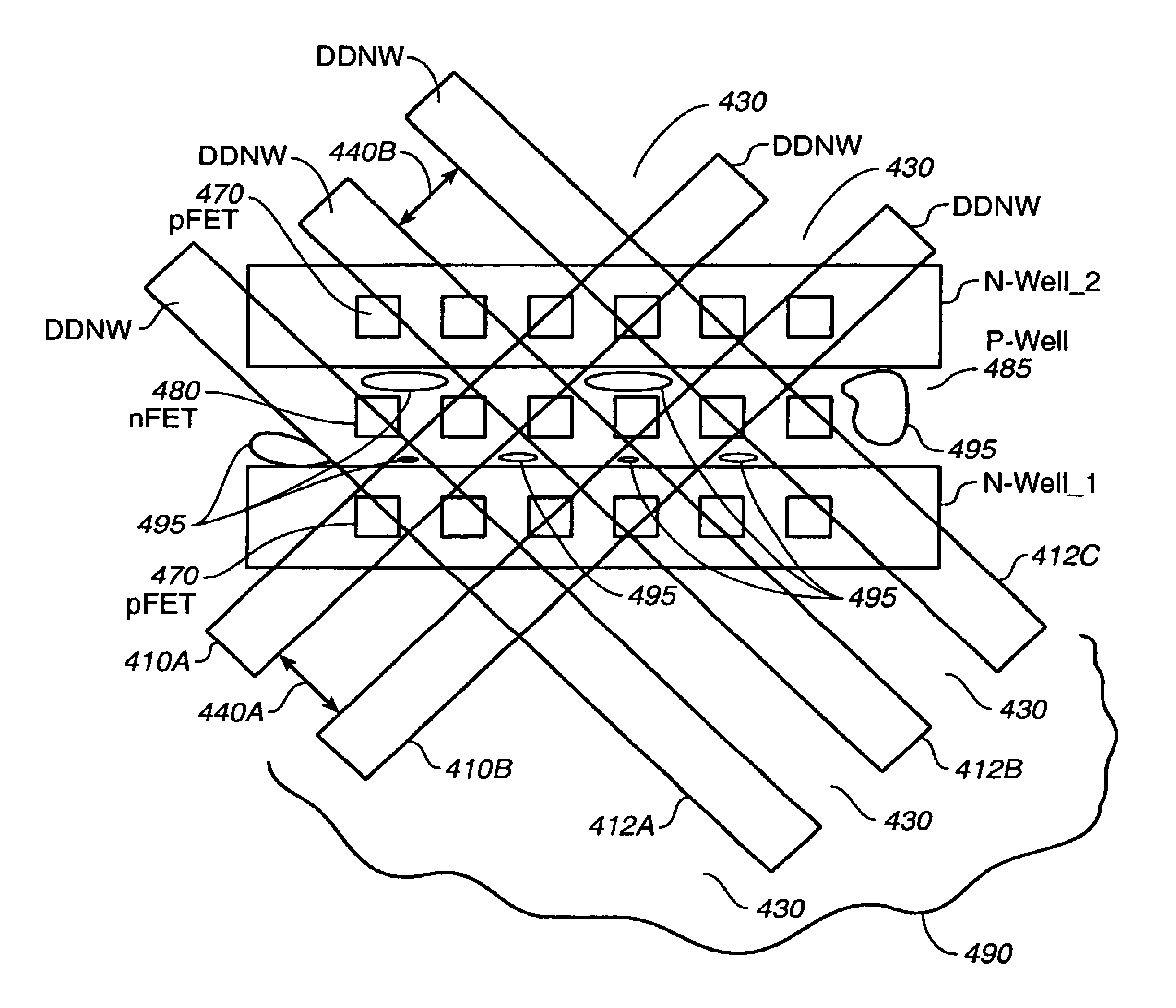 Diagonal deep well region for routing body-bias voltage for MOSFETS in surface well regions