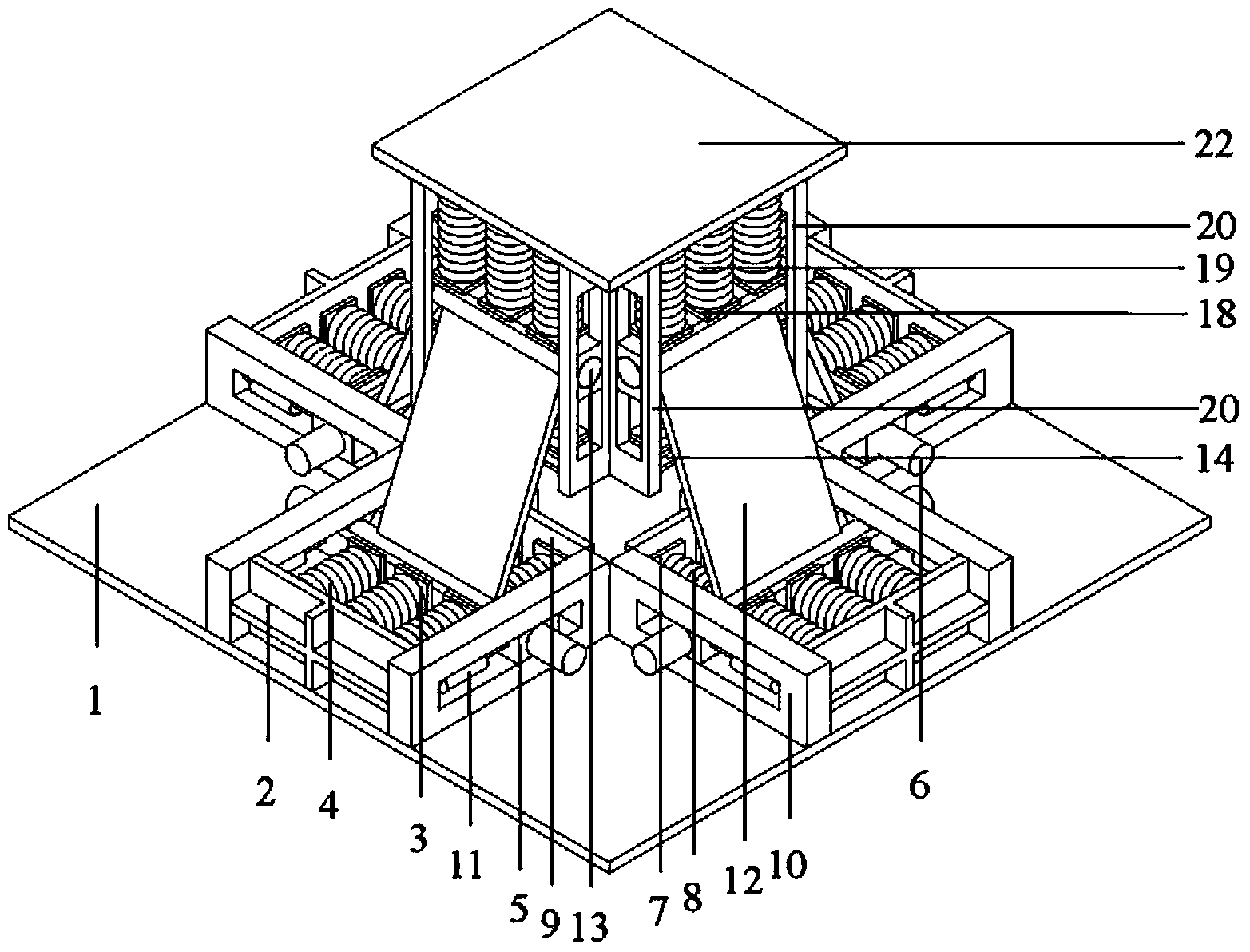 Three-way seismic isolation pedestal with two-way guide rail disc springs