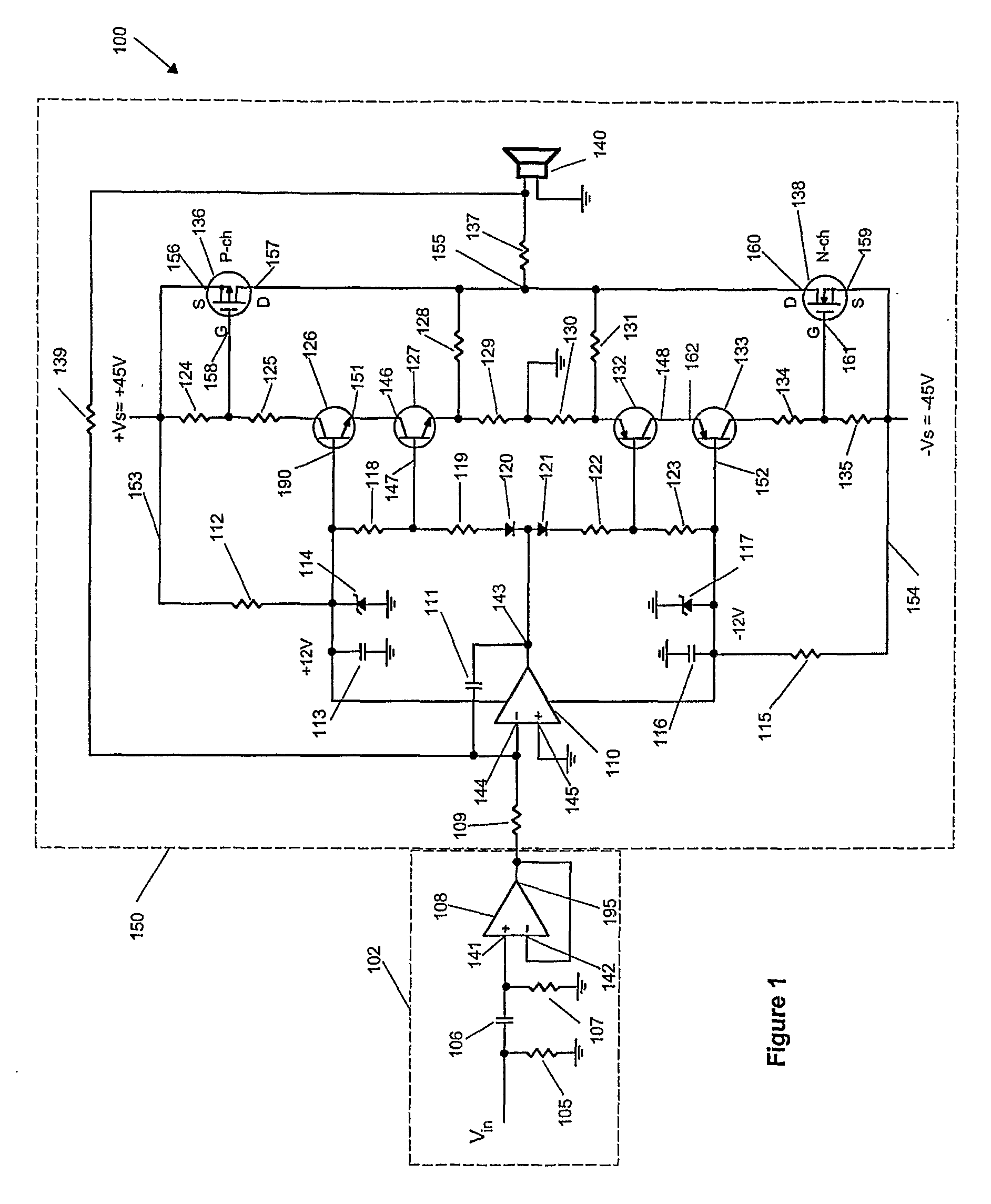 Medium Voltage or High Voltage Audio Power Amplifier and Protection Circuit