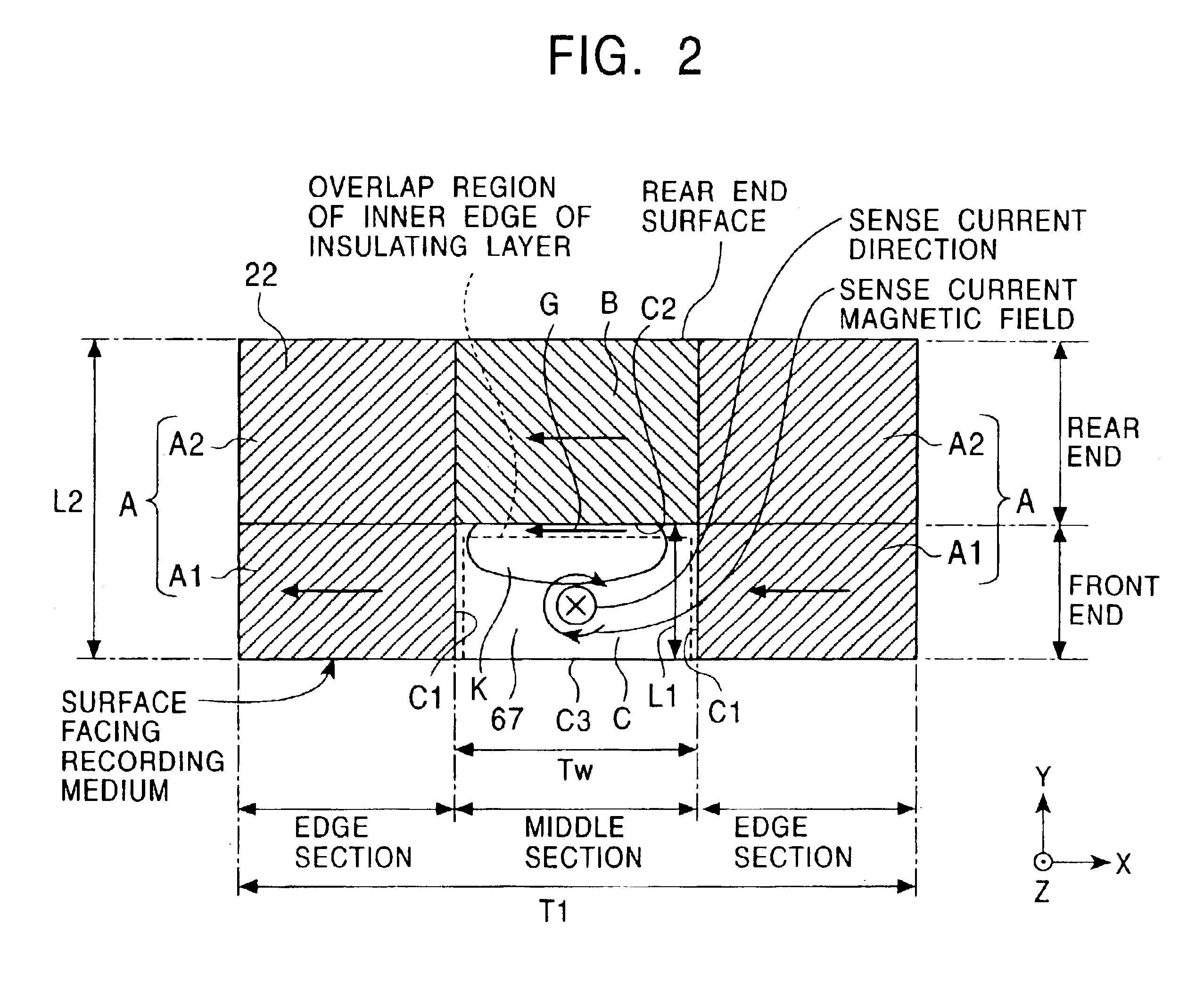 Magnetic sensing element having second antiferromagnetic layer on edge sections and rear end of a middle section of free magnetic layer