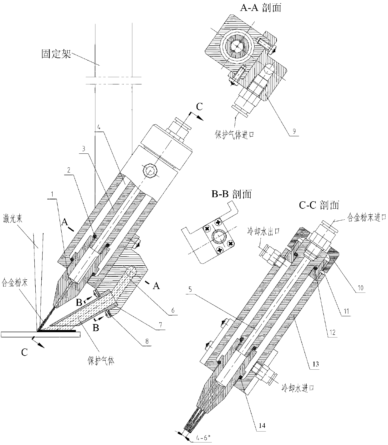 Lateral powder feeding nozzle device applied to laser cladding