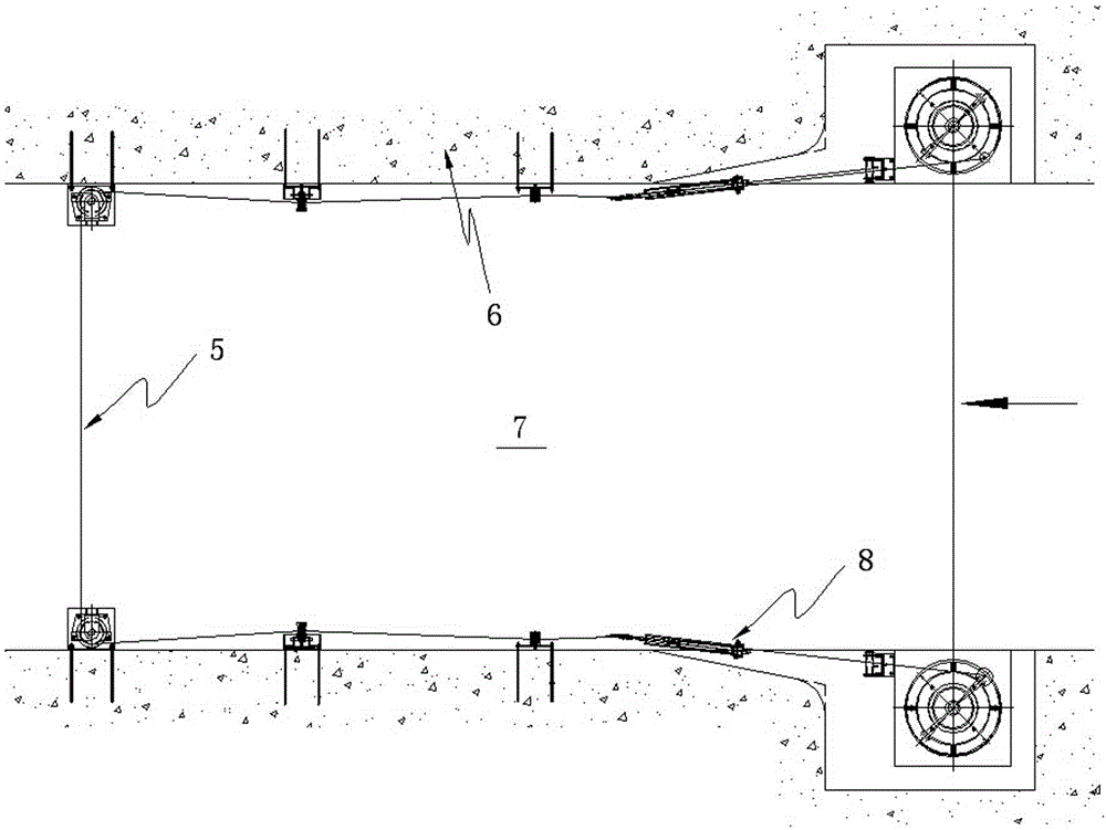 Stall protection system arrester wire device for trackless rubber-tired vehicle