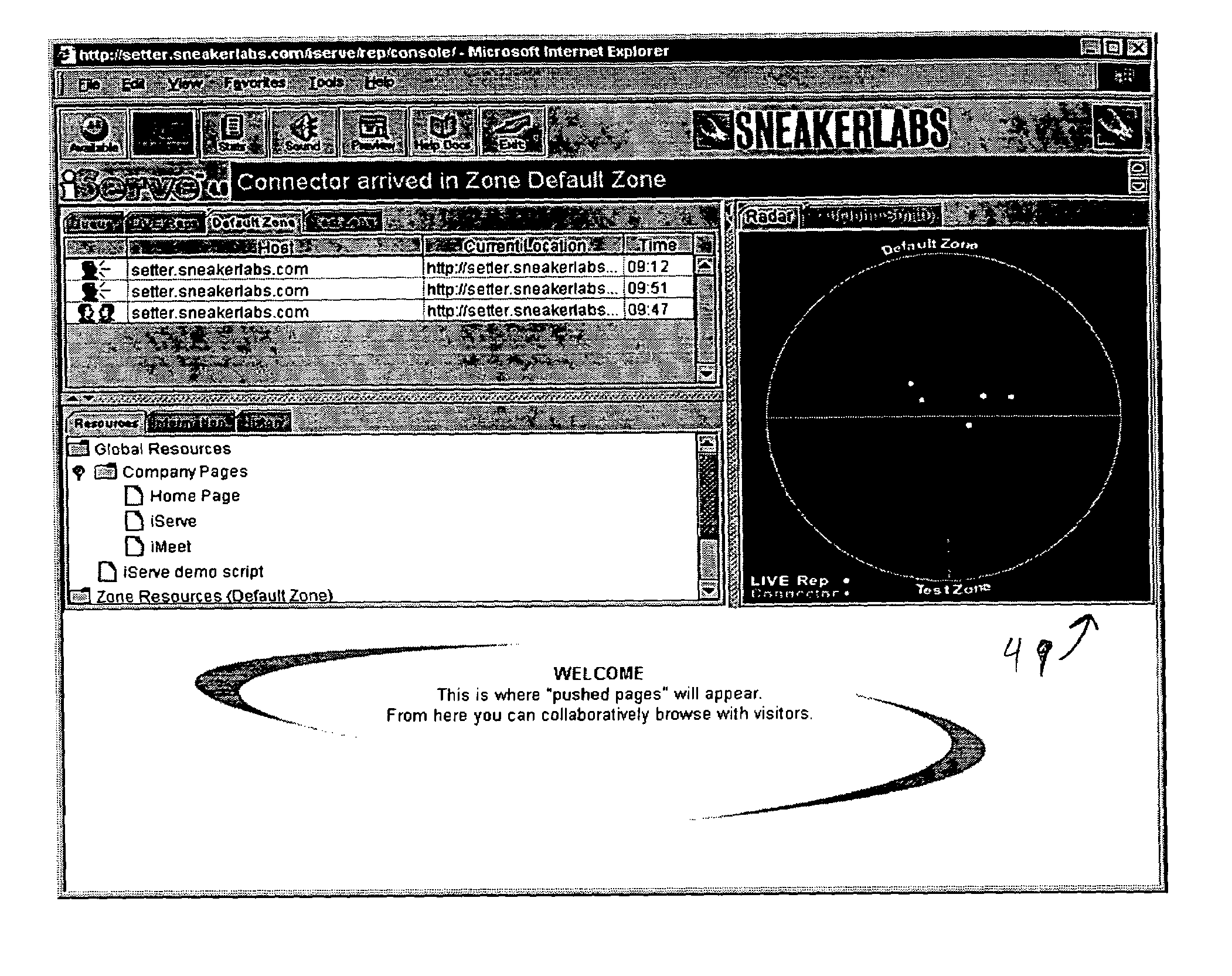 Apparatus and method for company representatives to monitor and establish live contact with visitors to their website