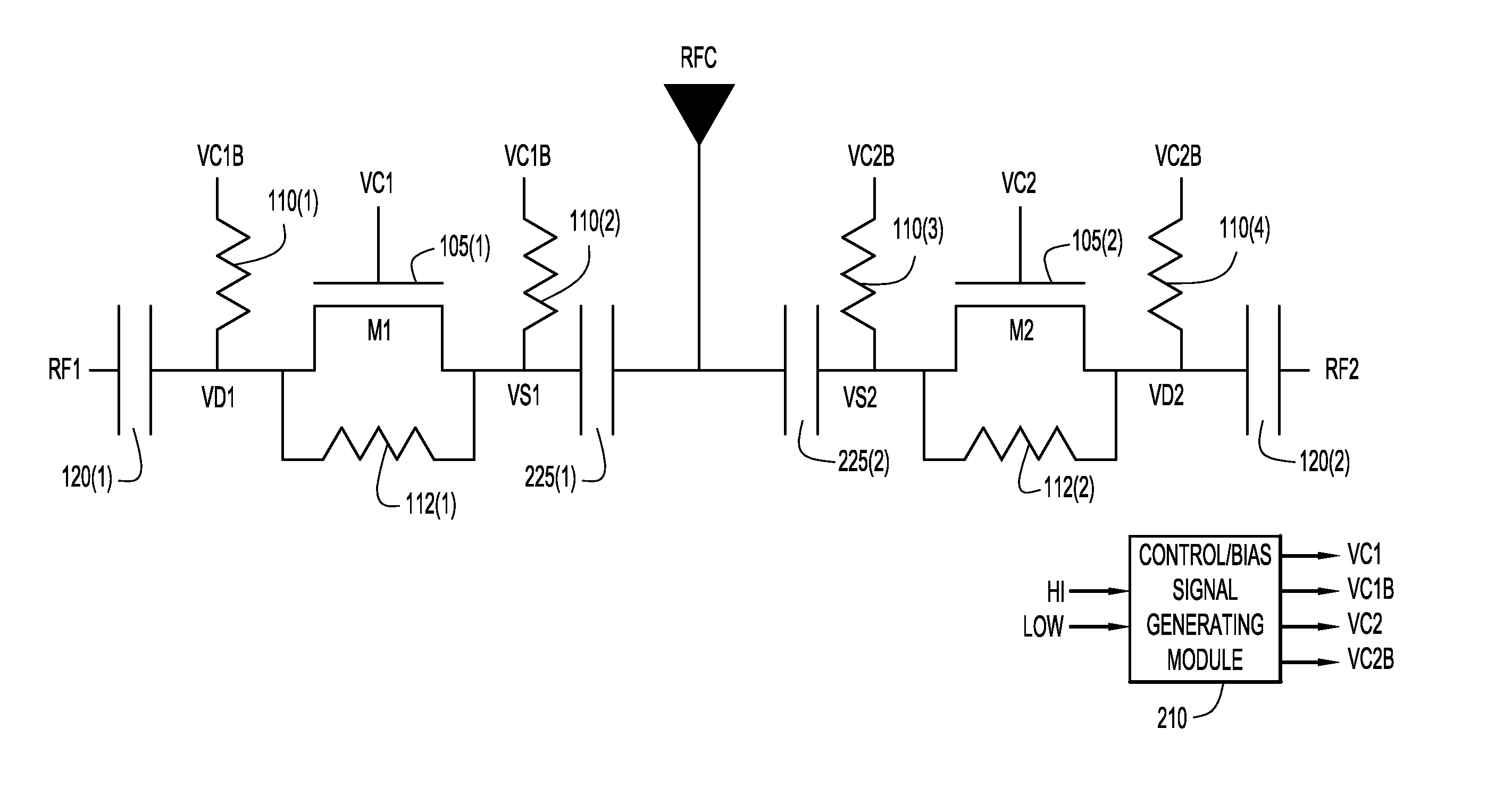 RF switch with adaptive drain and source voltage and associated method