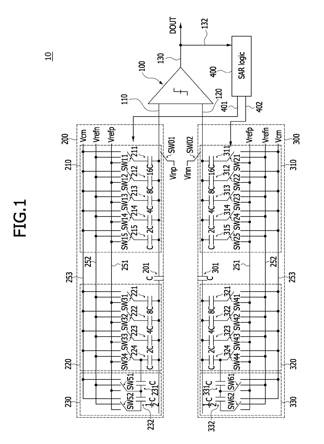 Successive approximation register analog-digital converter having a split-capacitor based digital-analog converter