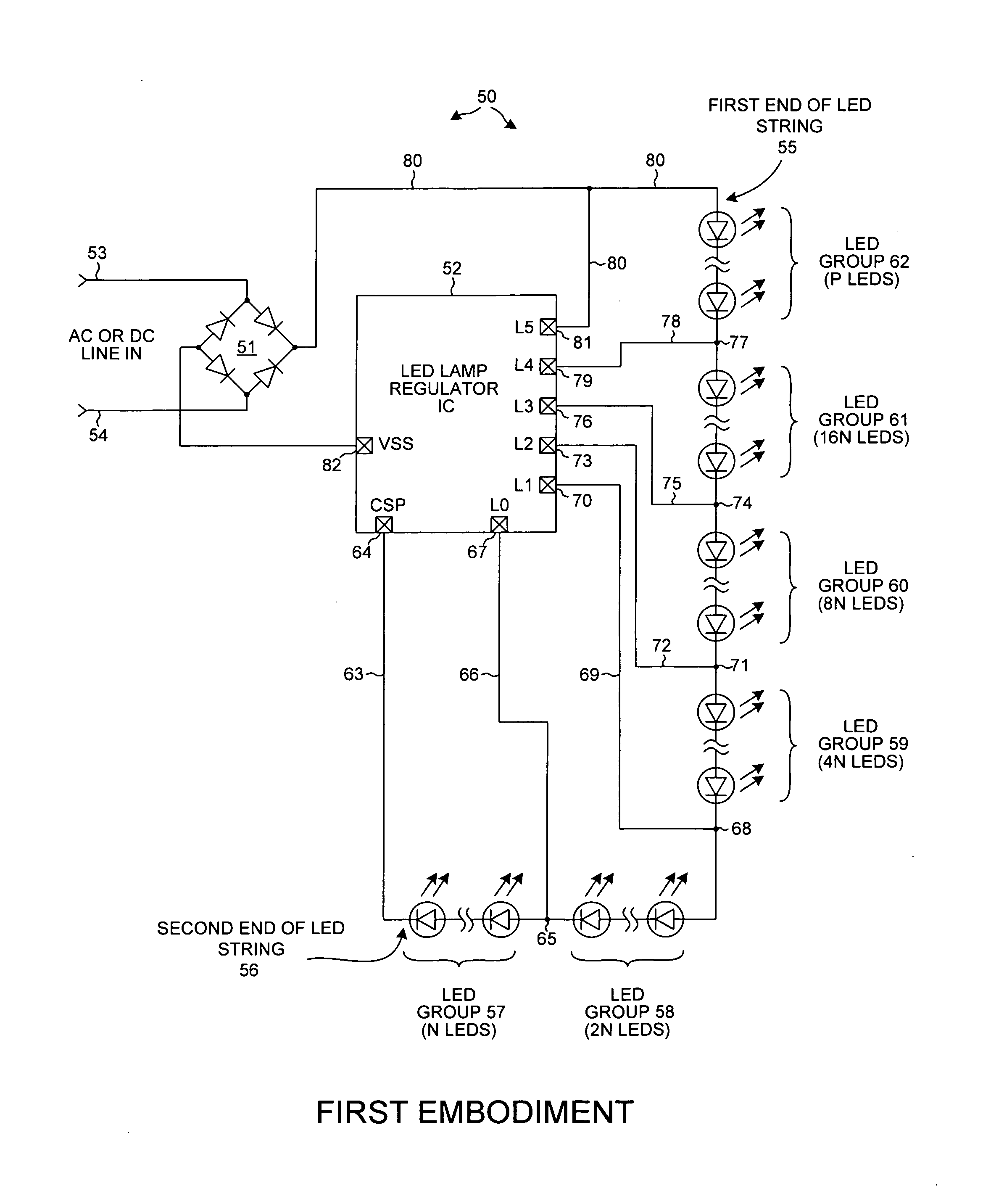 AC LED lamp involving an LED string having separately shortable sections