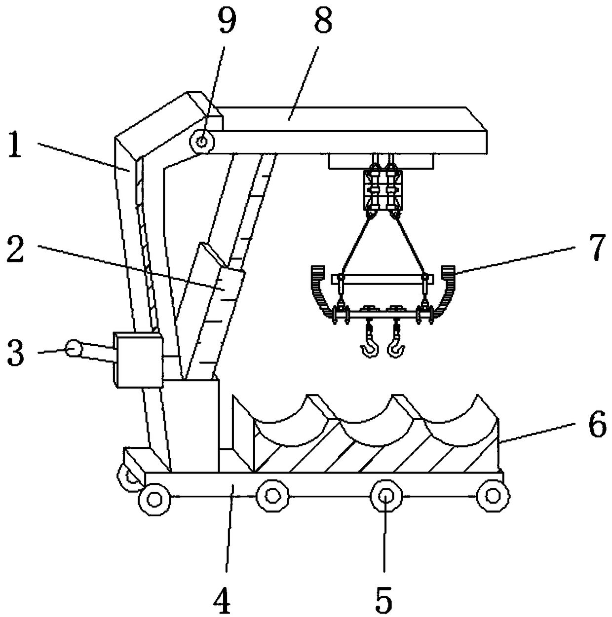 A concrete pipe culvert handling crane for road construction