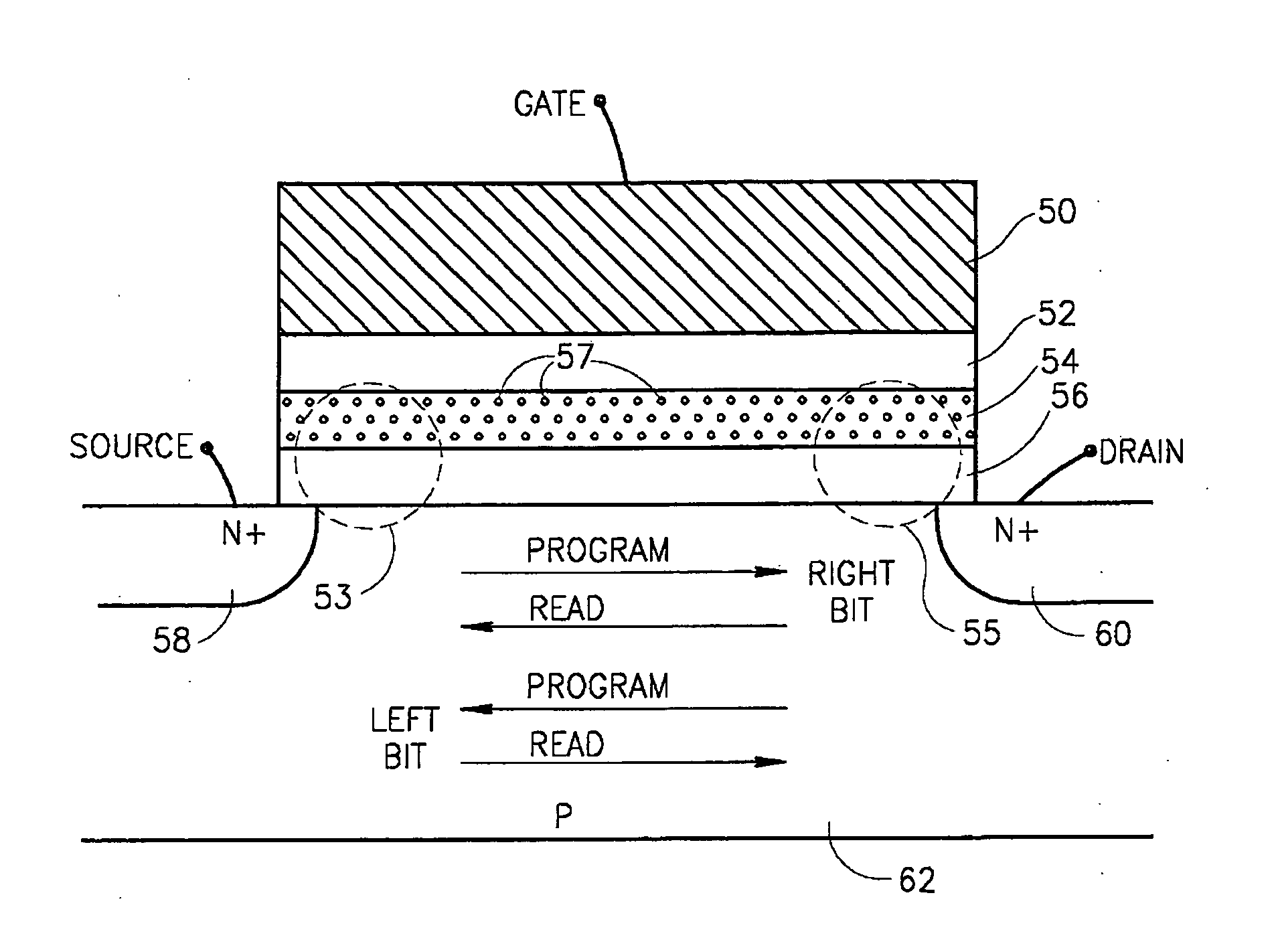 Two bit non-volatile electrically erasable and programmable semiconductor memory cell utilizing asymmetrical charge trapping