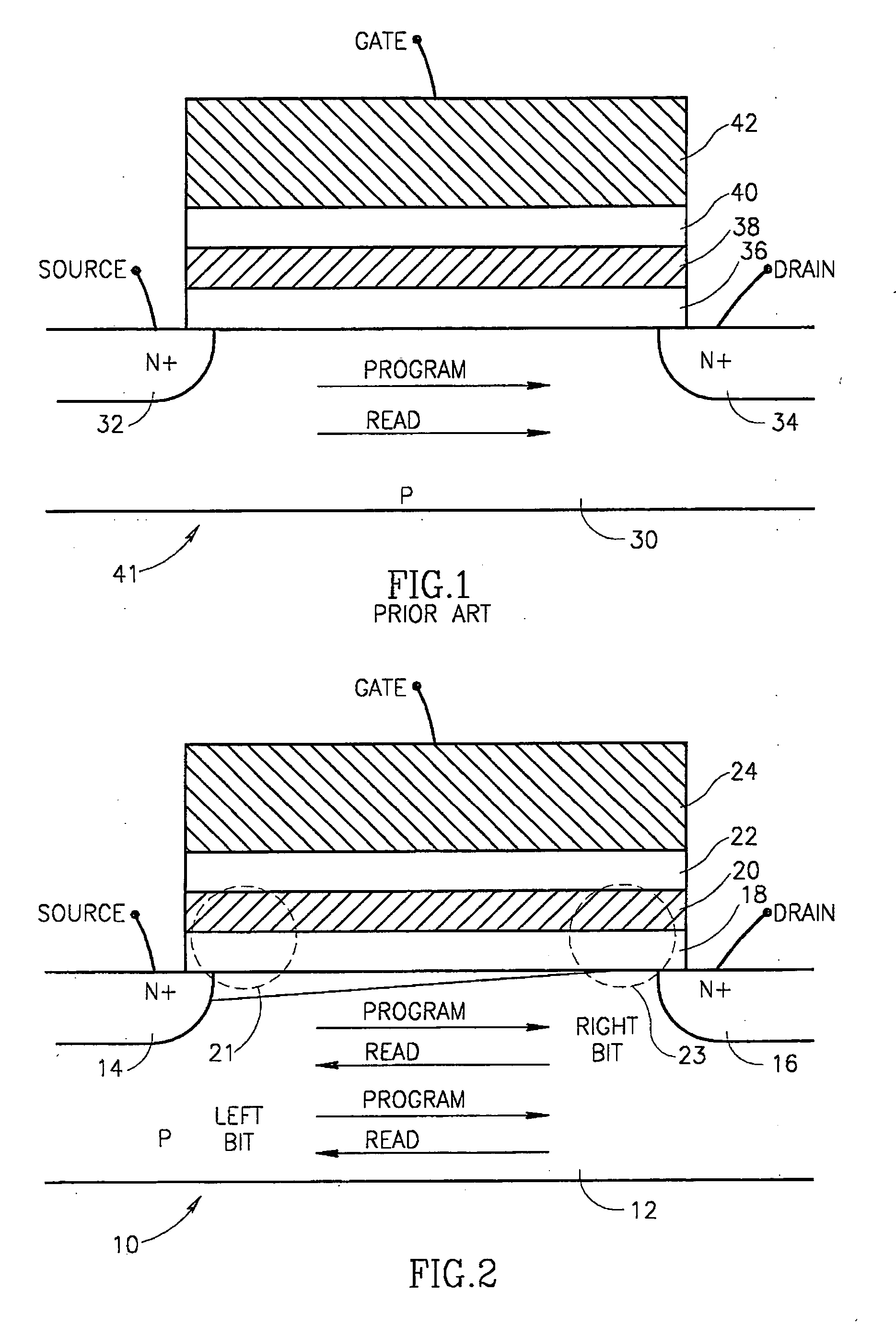 Two bit non-volatile electrically erasable and programmable semiconductor memory cell utilizing asymmetrical charge trapping