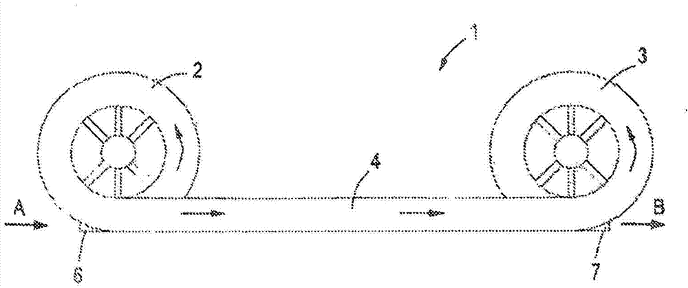 Conveyor comprising two helical tracks connected by a bridging track