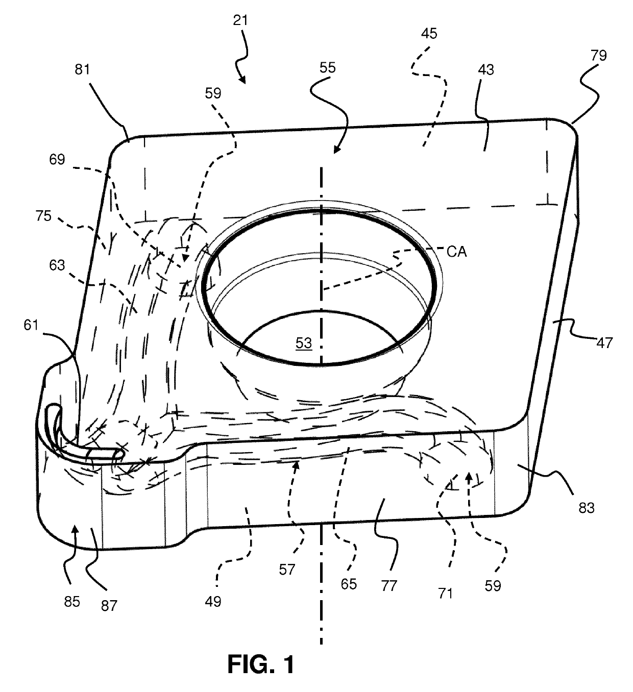 Anvil with curved passage for cutting tool