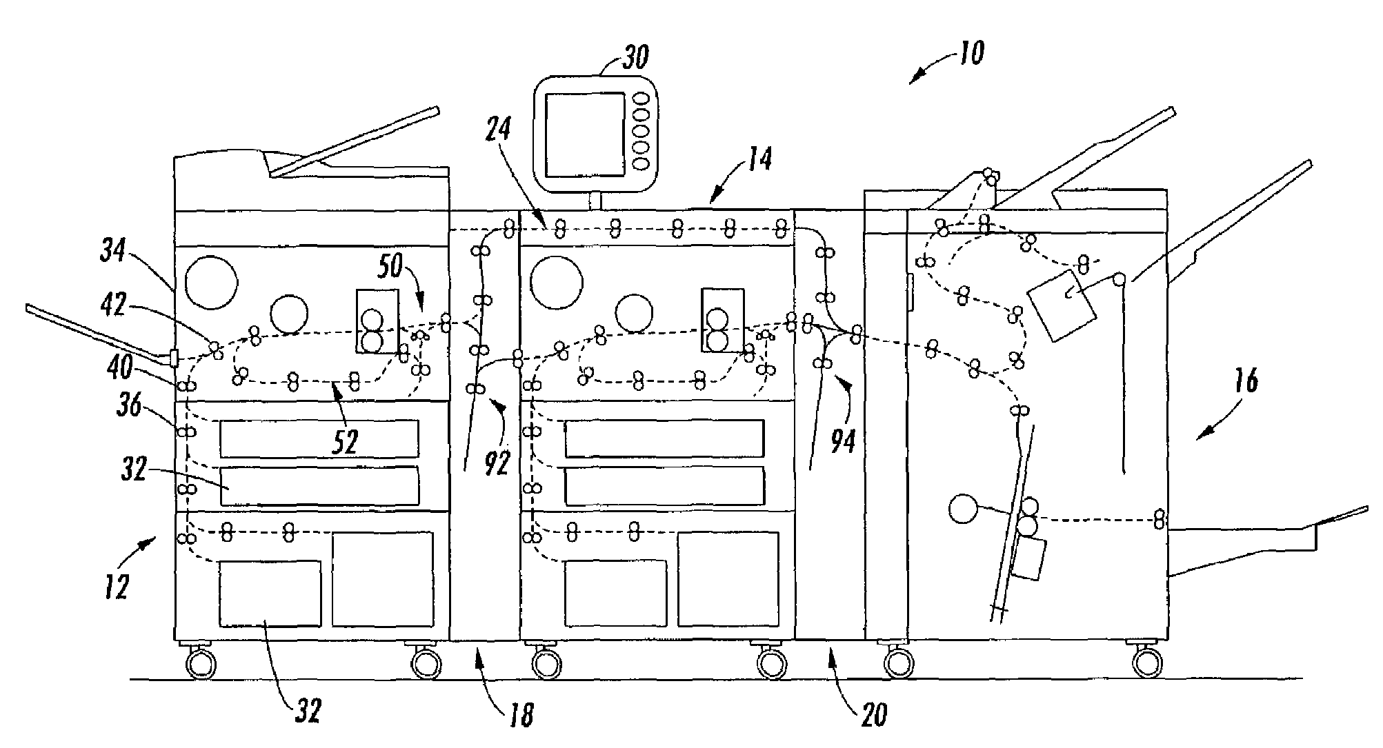 Printing system with inverter disposed for media velocity buffering and registration