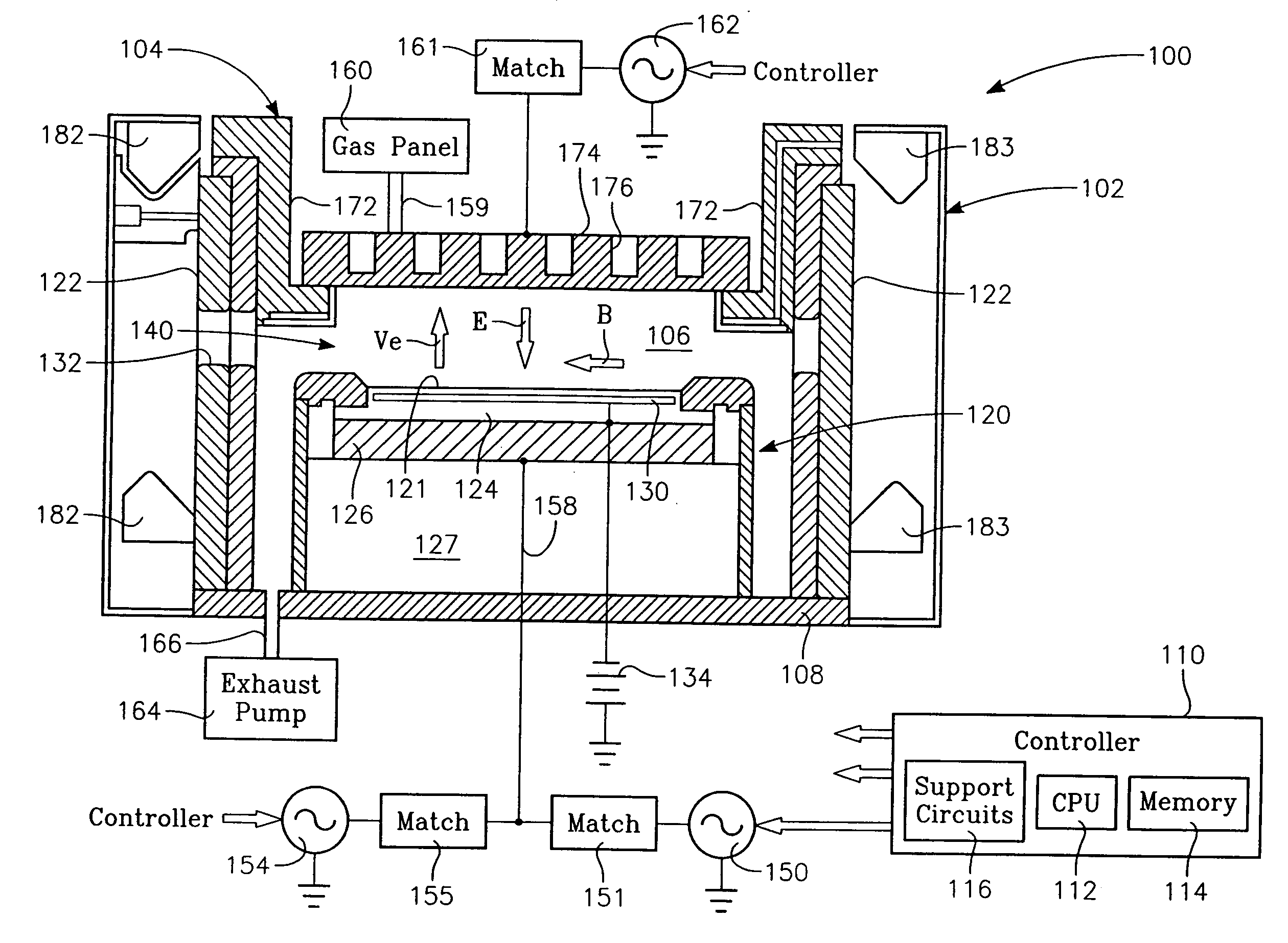 Etch chamber with dual frequency biasing sources and a single frequency plasma generating source