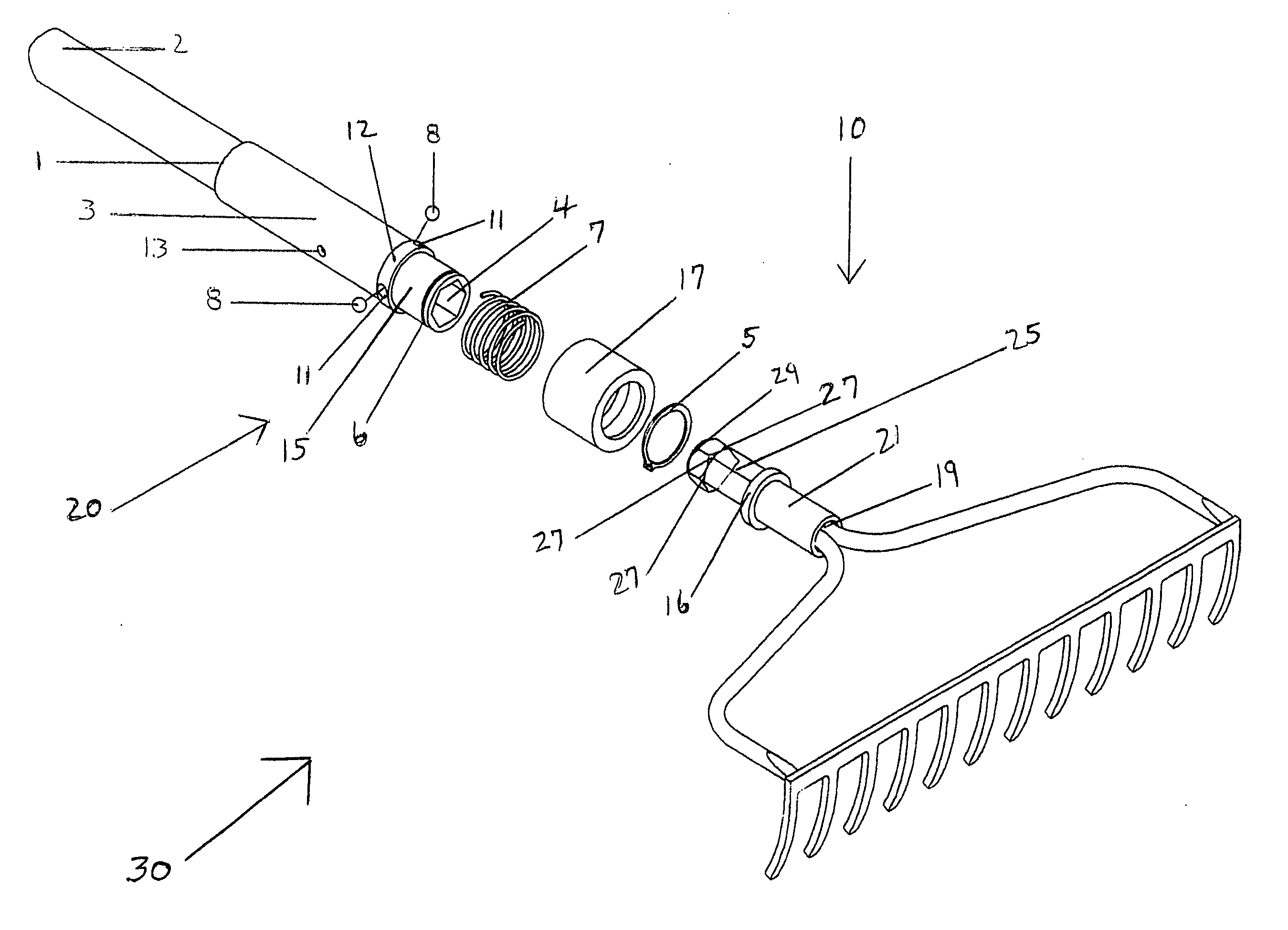 Quick disconnect assembly device for a fast, reliable and easy attachment and release of implement heads from handles on lawn and garden, house cleaning, carpentry, and painting tools / devices