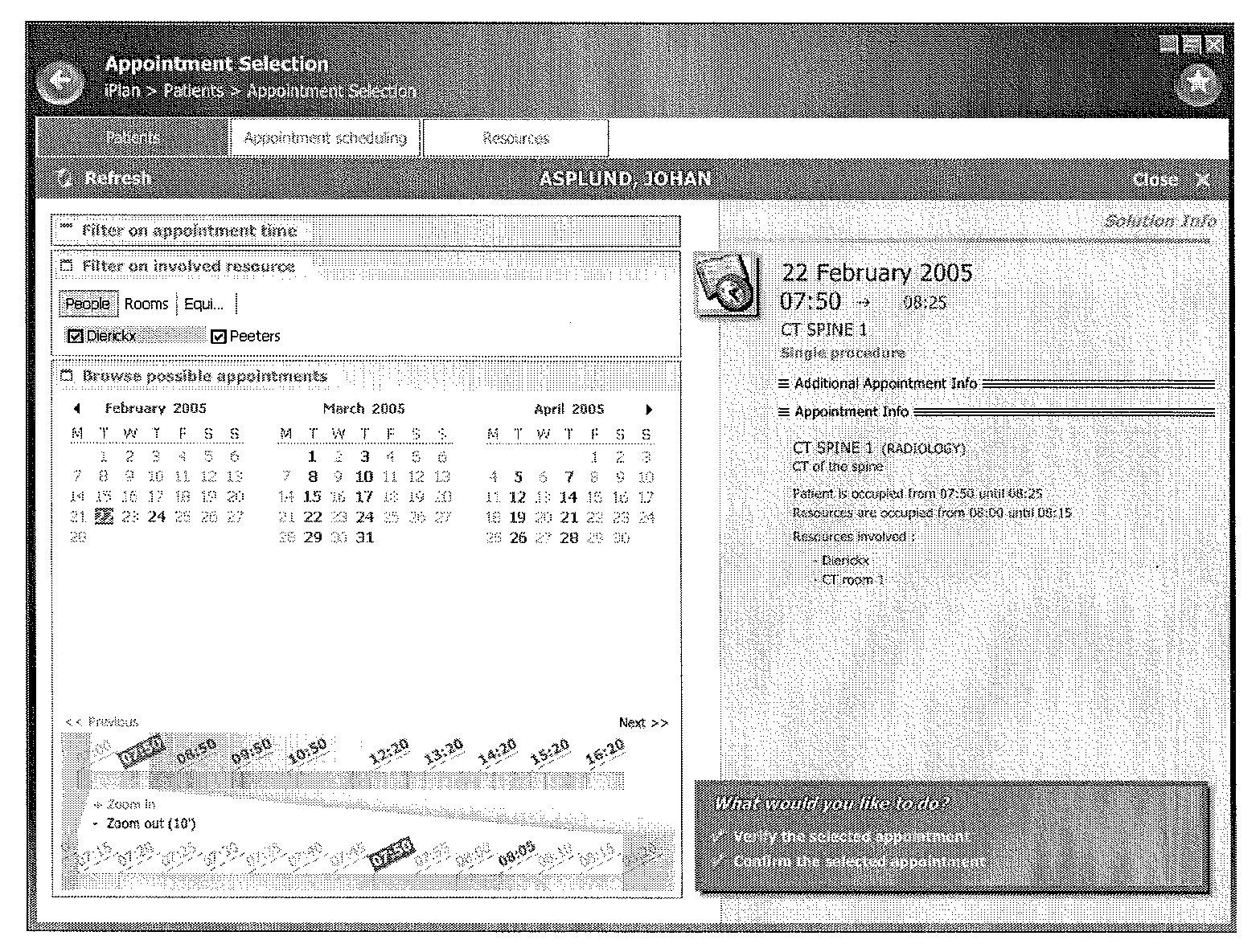 Method and User Interface For Managing and Displaying Solutions For Multiple Resources in an Appointment Scheduling System