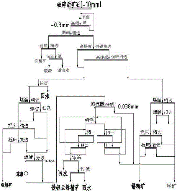 Mineral processing technology capable of effectively separating tantalum, tin and lepidomelane