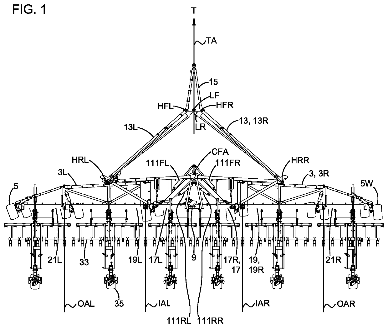 Implement with forward folding wing frames