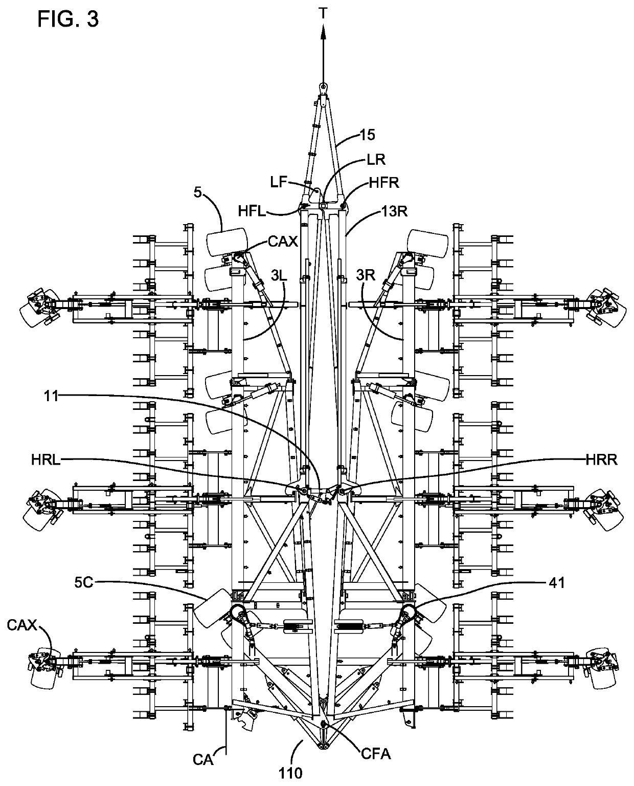 Implement with forward folding wing frames