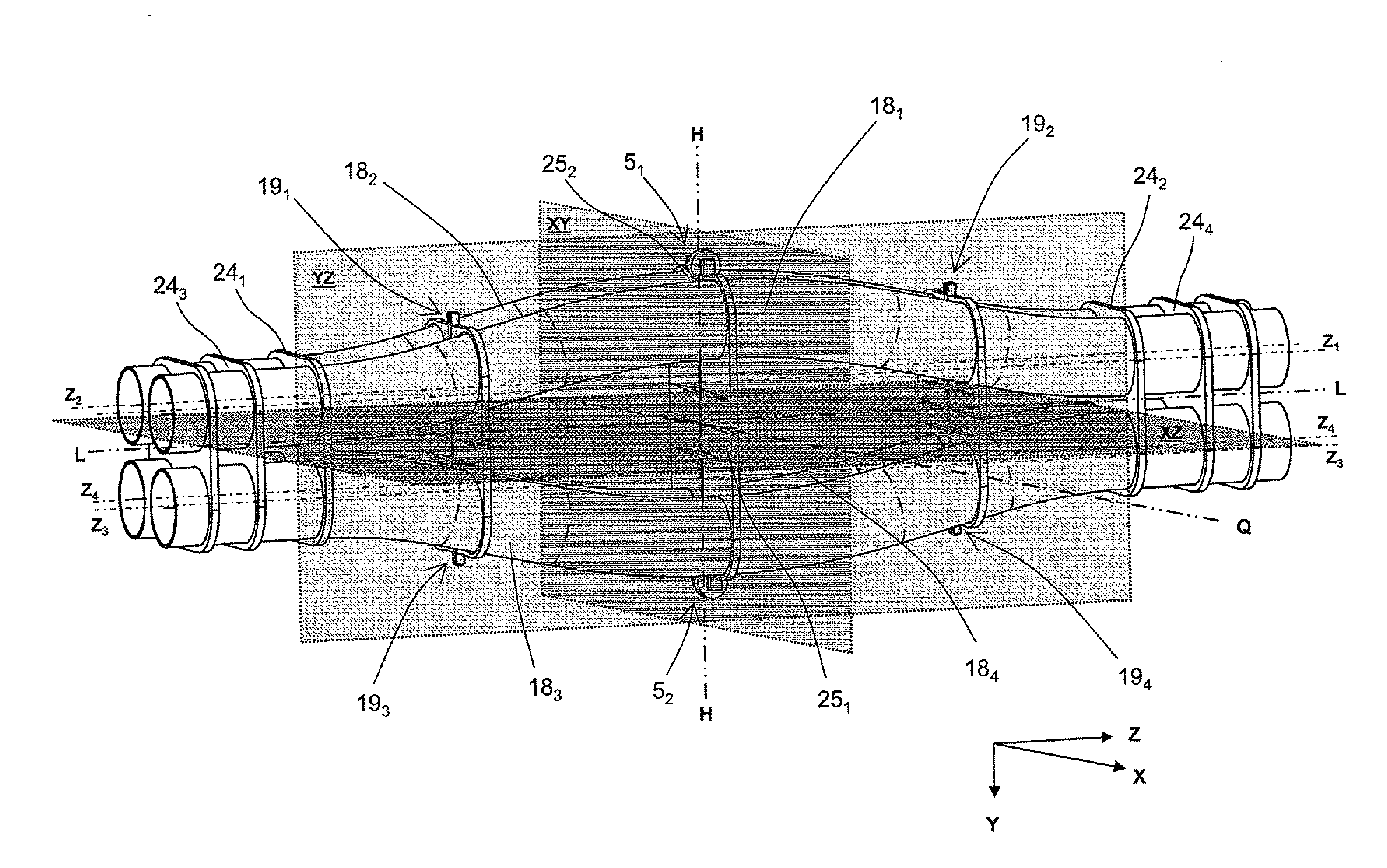 Measuring transducer of vibration-type with four curved measuring tubes