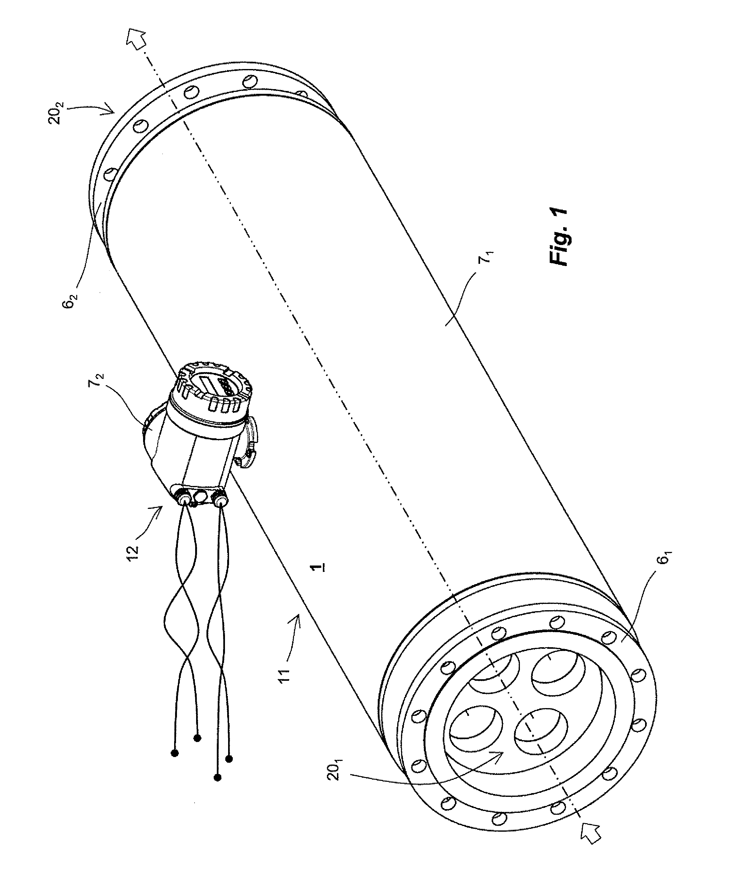 Measuring transducer of vibration-type with four curved measuring tubes