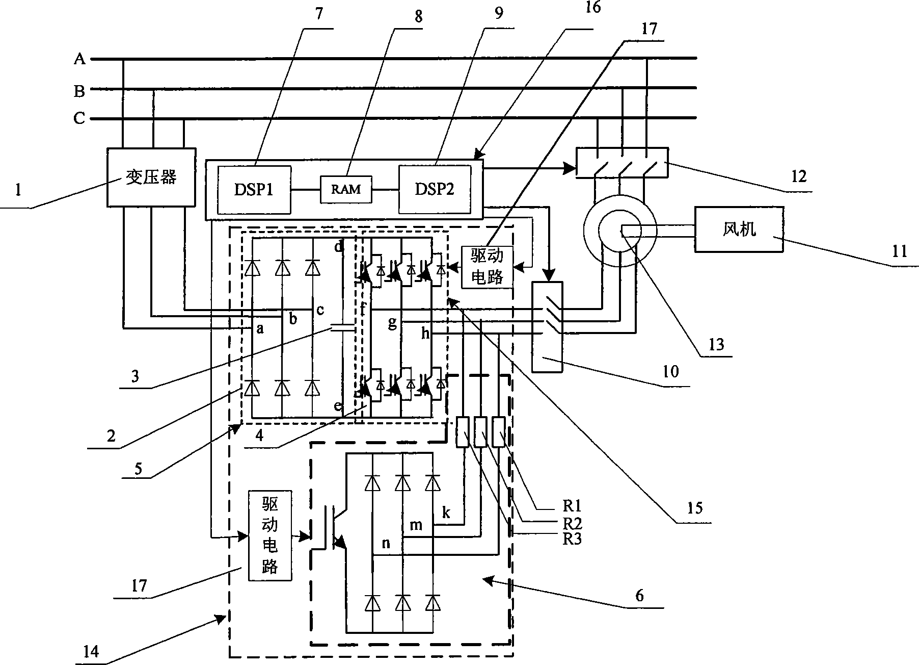 Excitation circuit for dual feedback asynchronous wind force generator unit