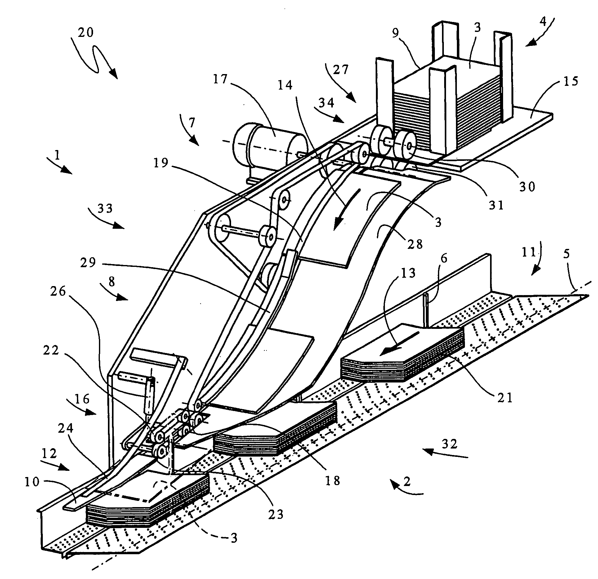 Apparatus for gathering signatures along a conveying section of a circulating conveyor