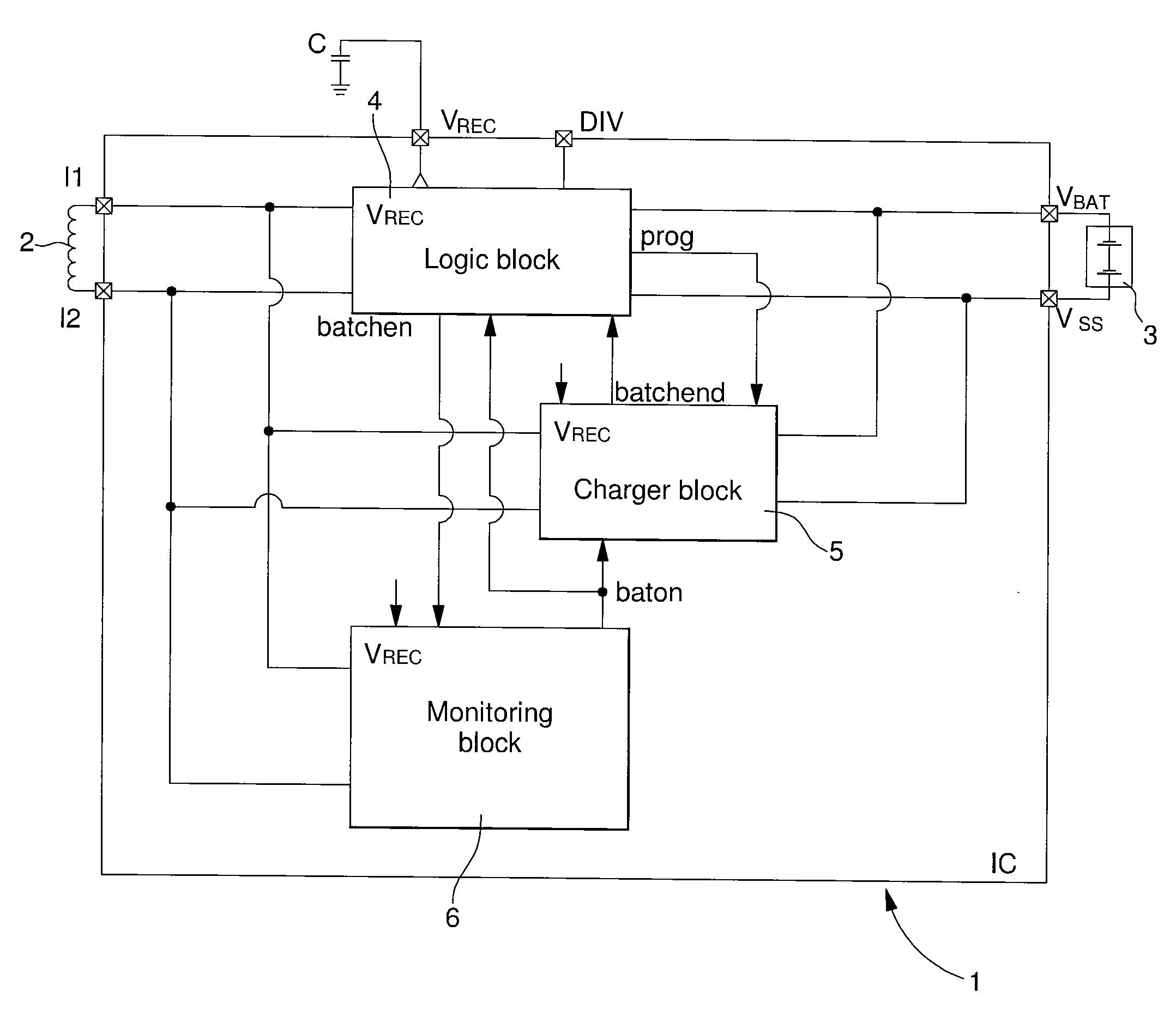 Battery charger operating "all or nothing" with a protective power supply circuit for monolithic integrated circuits using the antenna energy