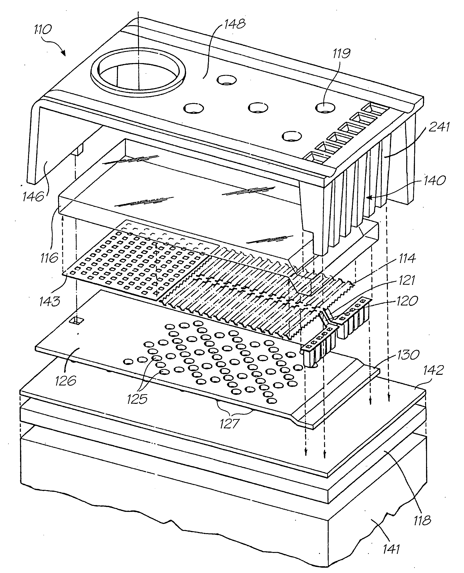 Printhead integrated circuit with nozzles in thin surface layer