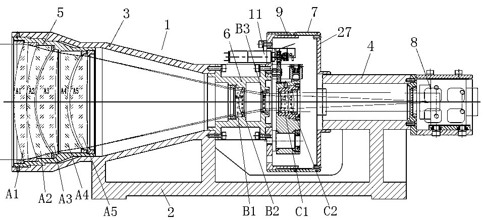 Wide spectrumchromatic aberration reducing laser detection lens with super-long focal length and working method thereof