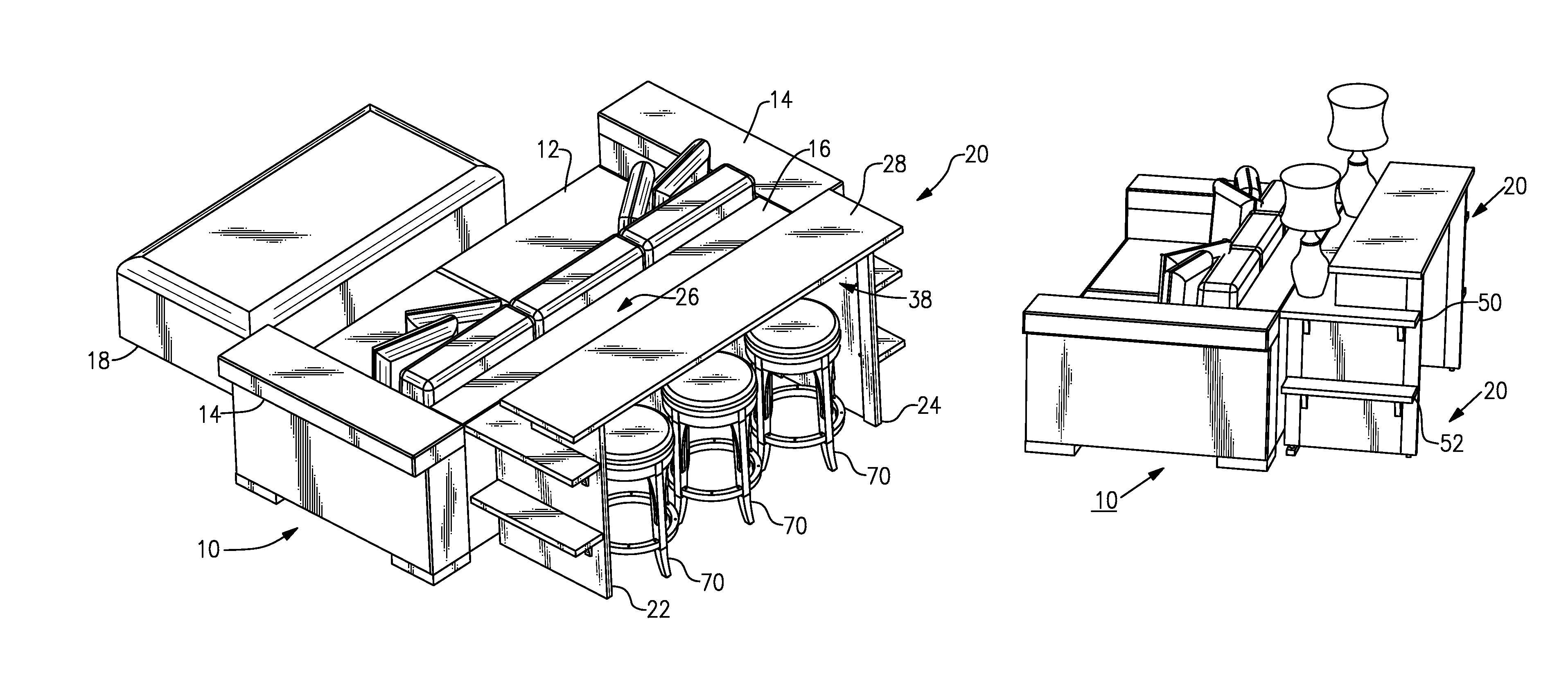 Furniture ensemble with sofa table island