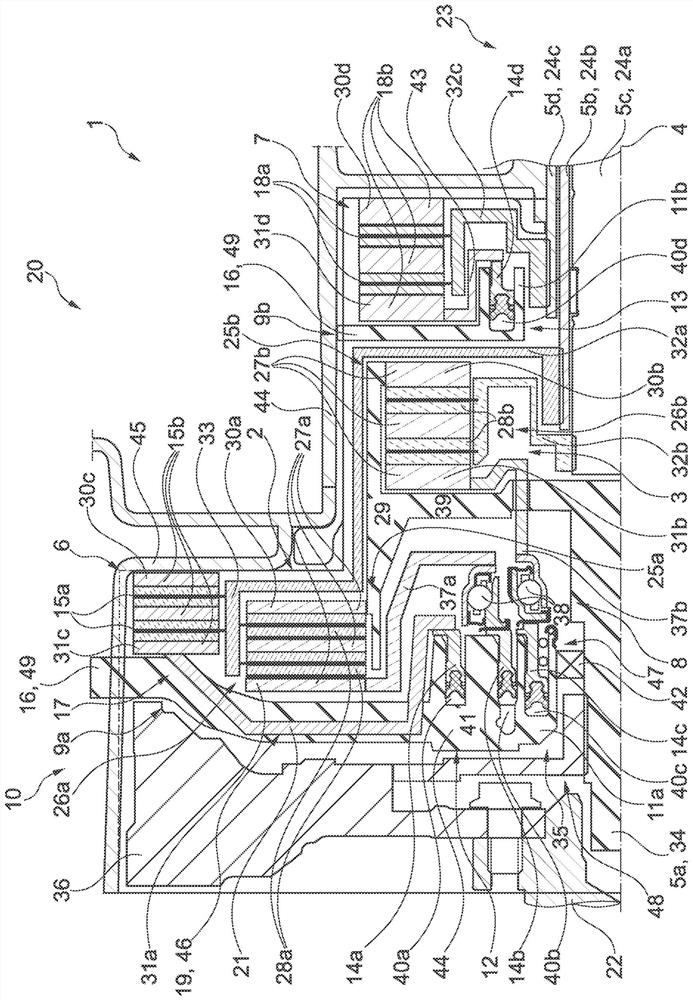 Operating group with four adjustment mechanisms, clutch and brake system, hybrid module and drive train