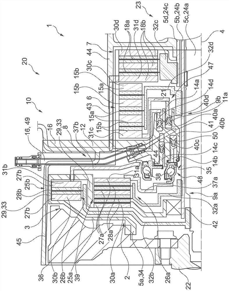 Operating group with four adjustment mechanisms, clutch and brake system, hybrid module and drive train