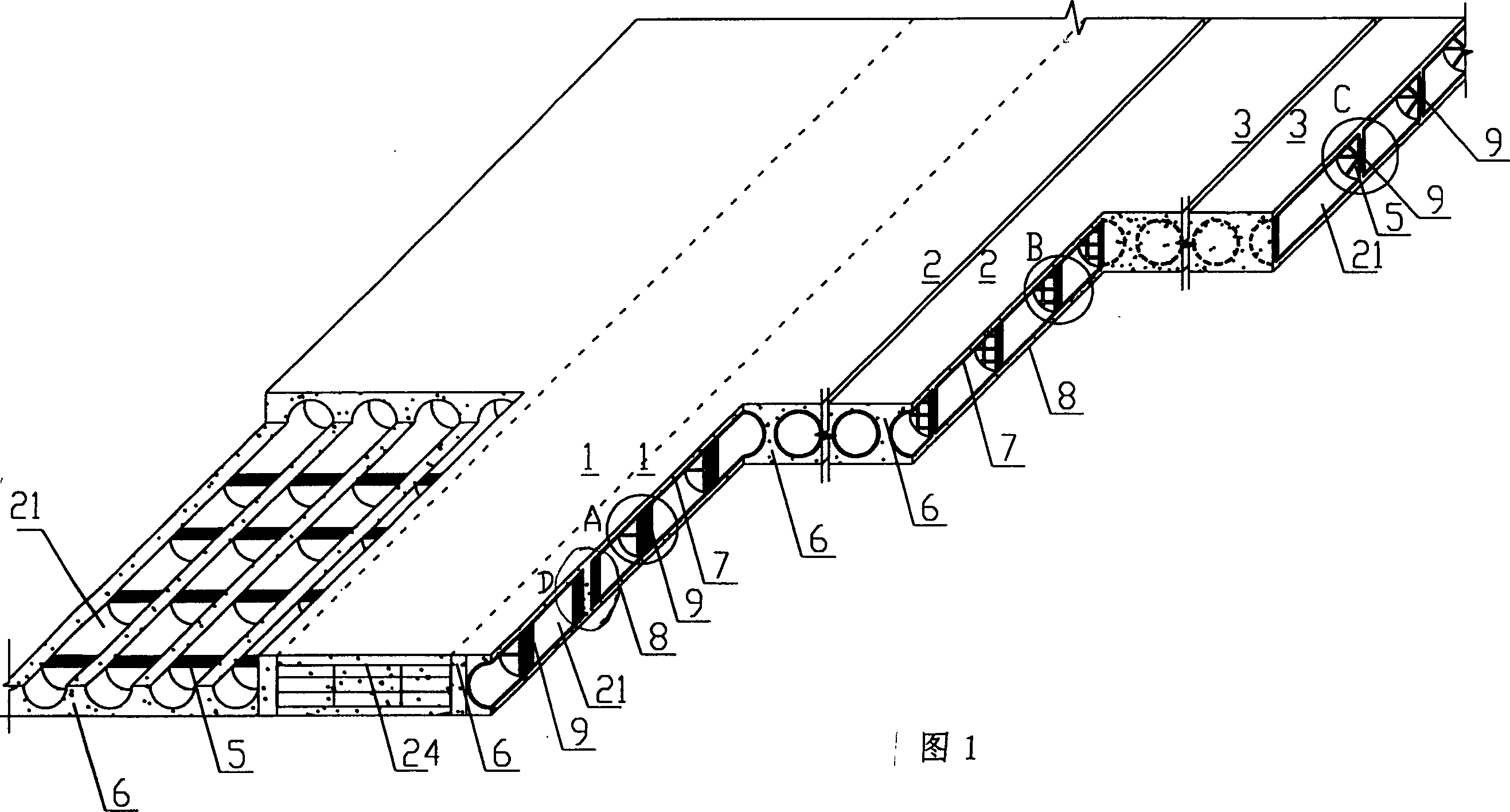 In-situ deposited plate concrete roof with prefabricated combined hollow steel bar structure