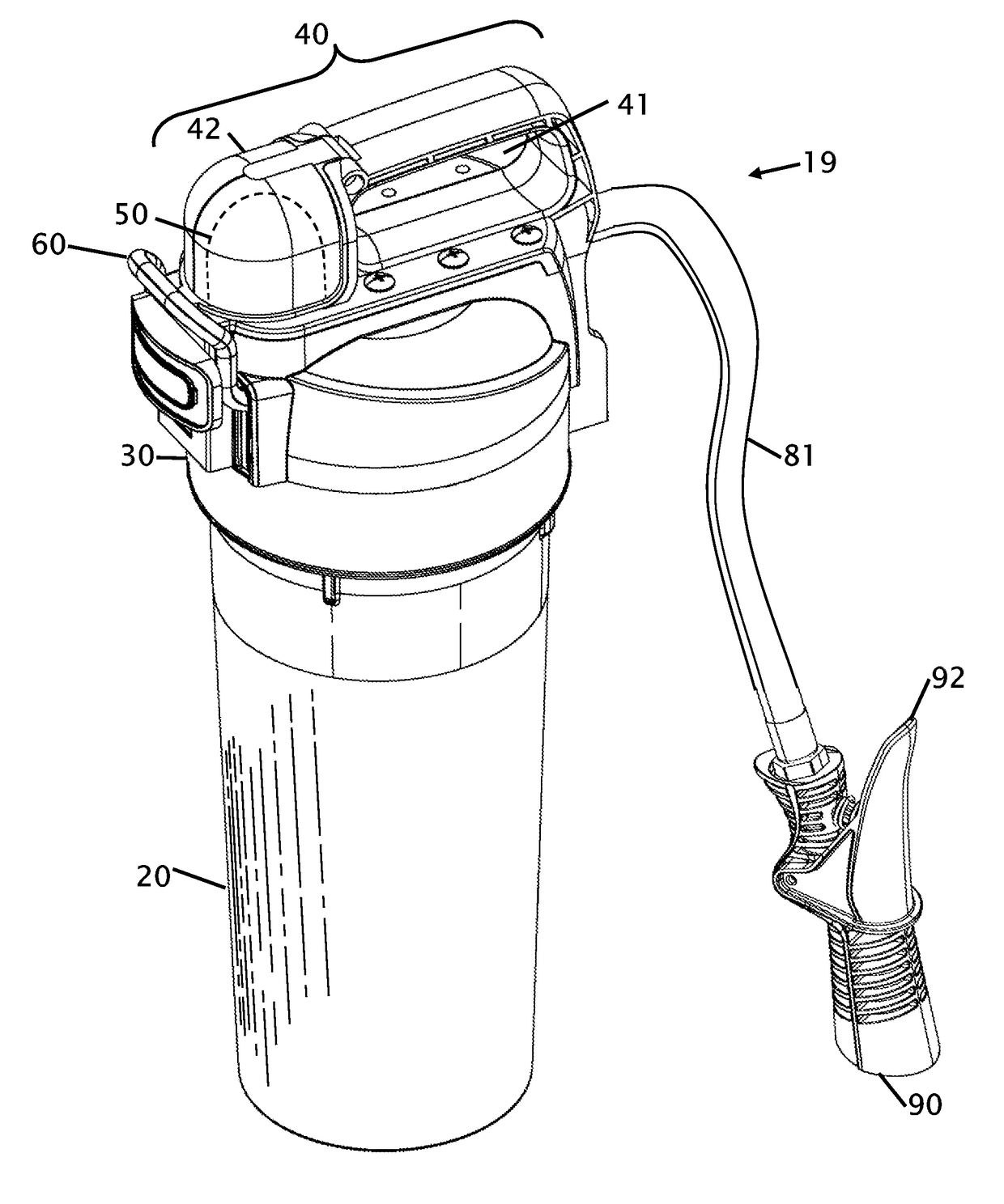 Fire extinguisher with internal mixing and external gas cartridge